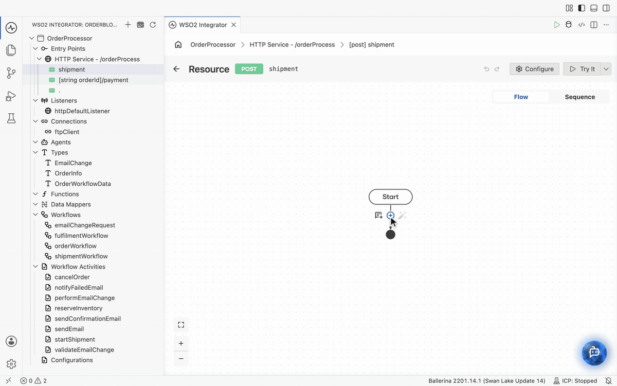 Adding a Run Workflow step that starts shipmentWorkflow with the request payload