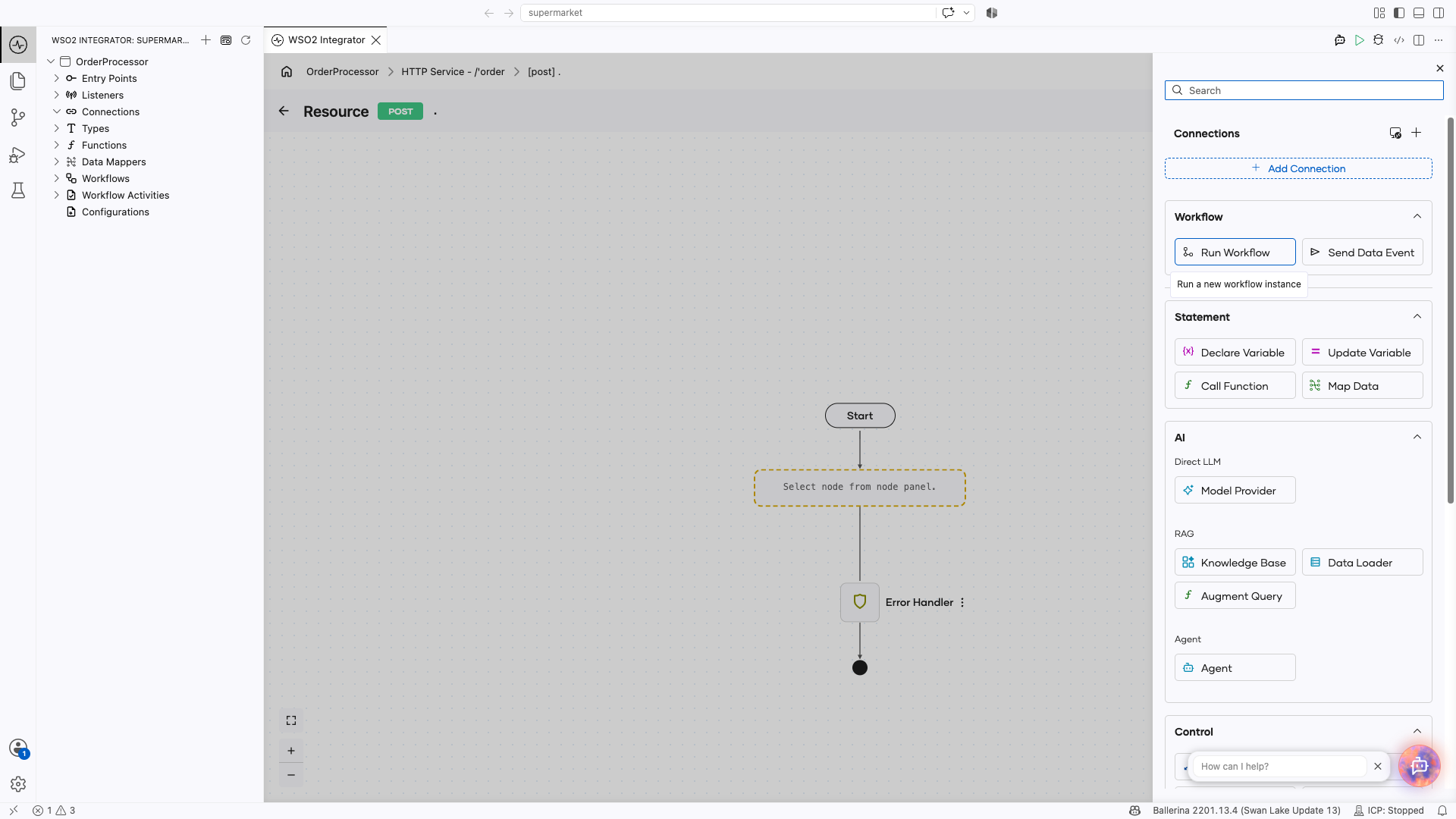 The node panel with Run Workflow and Send Data Event under the Workflow group