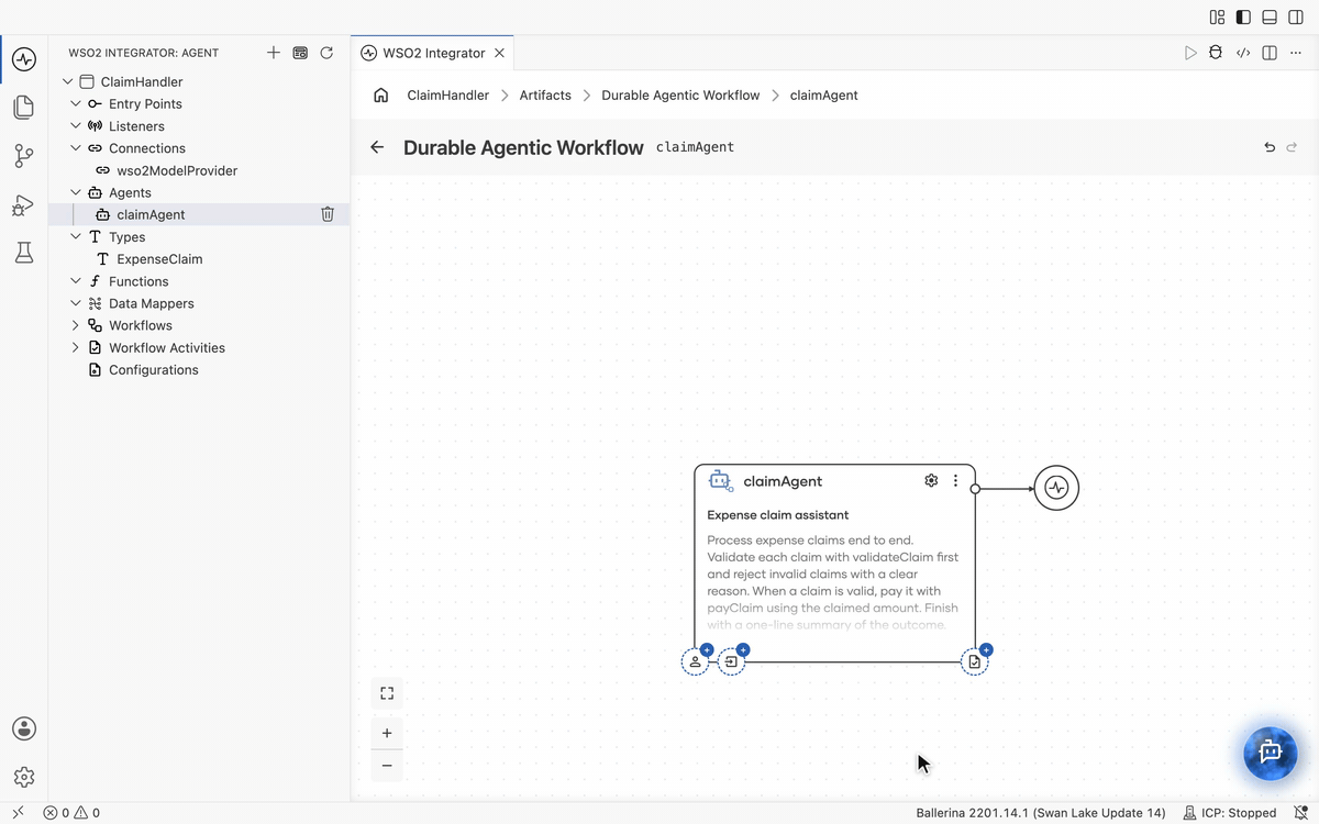 Creating the validateClaim activity and registering it on the claimAgent node