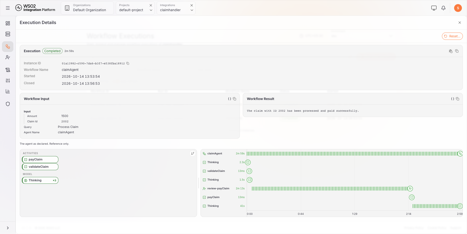 The completed claimAgent execution, with its workflow result and an all-green timeline ending in payClaim