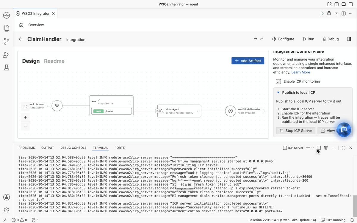Running the integration, with the Try It file opening automatically once the service is up
