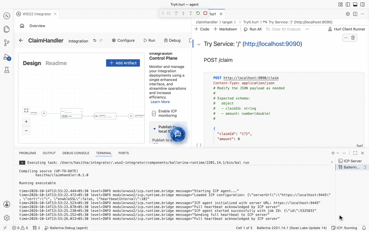 Filling in the claim payload and sending it from the Try It file, returning 201 Created with the instance ID