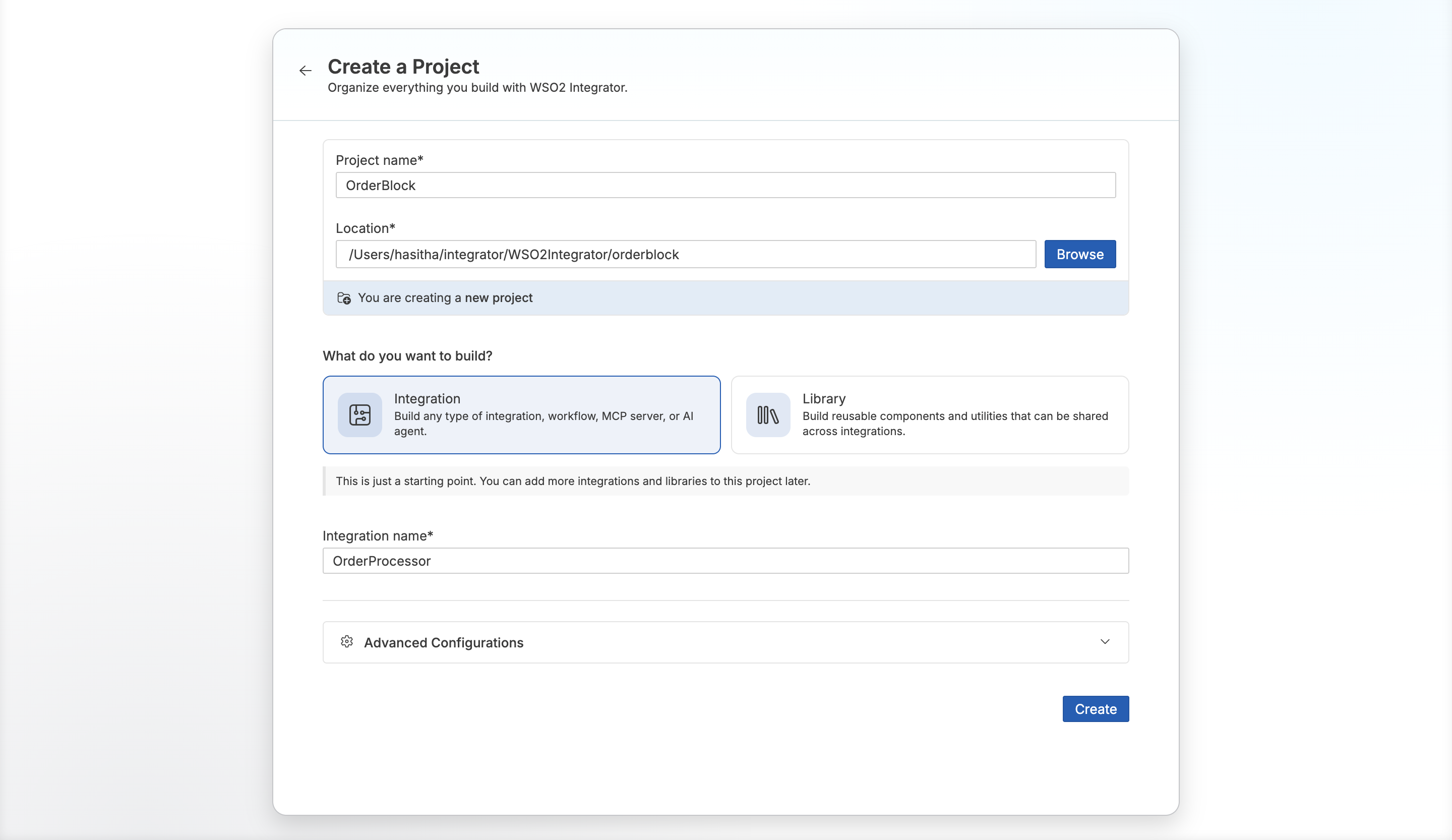 Create a new project with project and integration names set