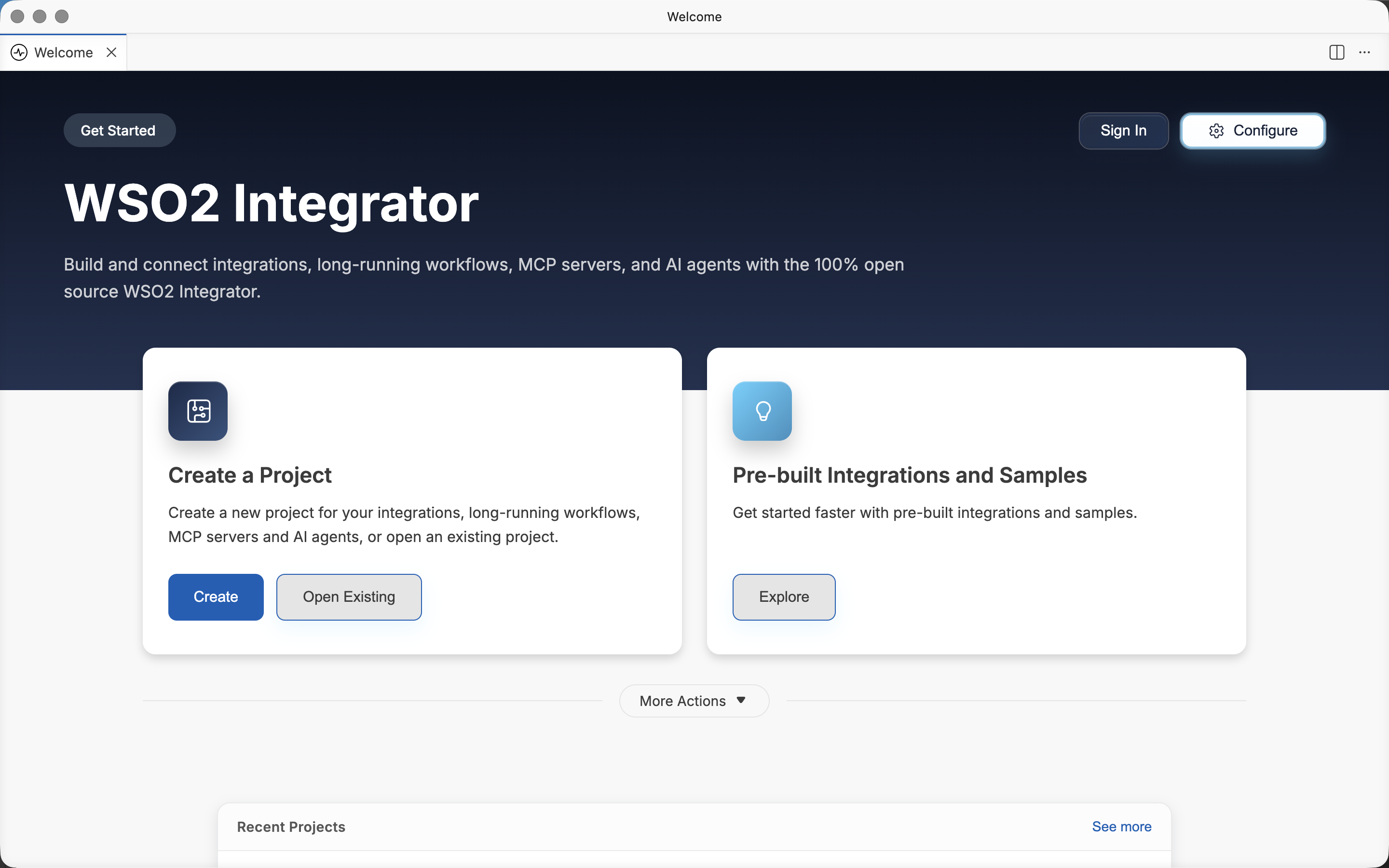 WSO2 Integrator home page with the Create a Project card