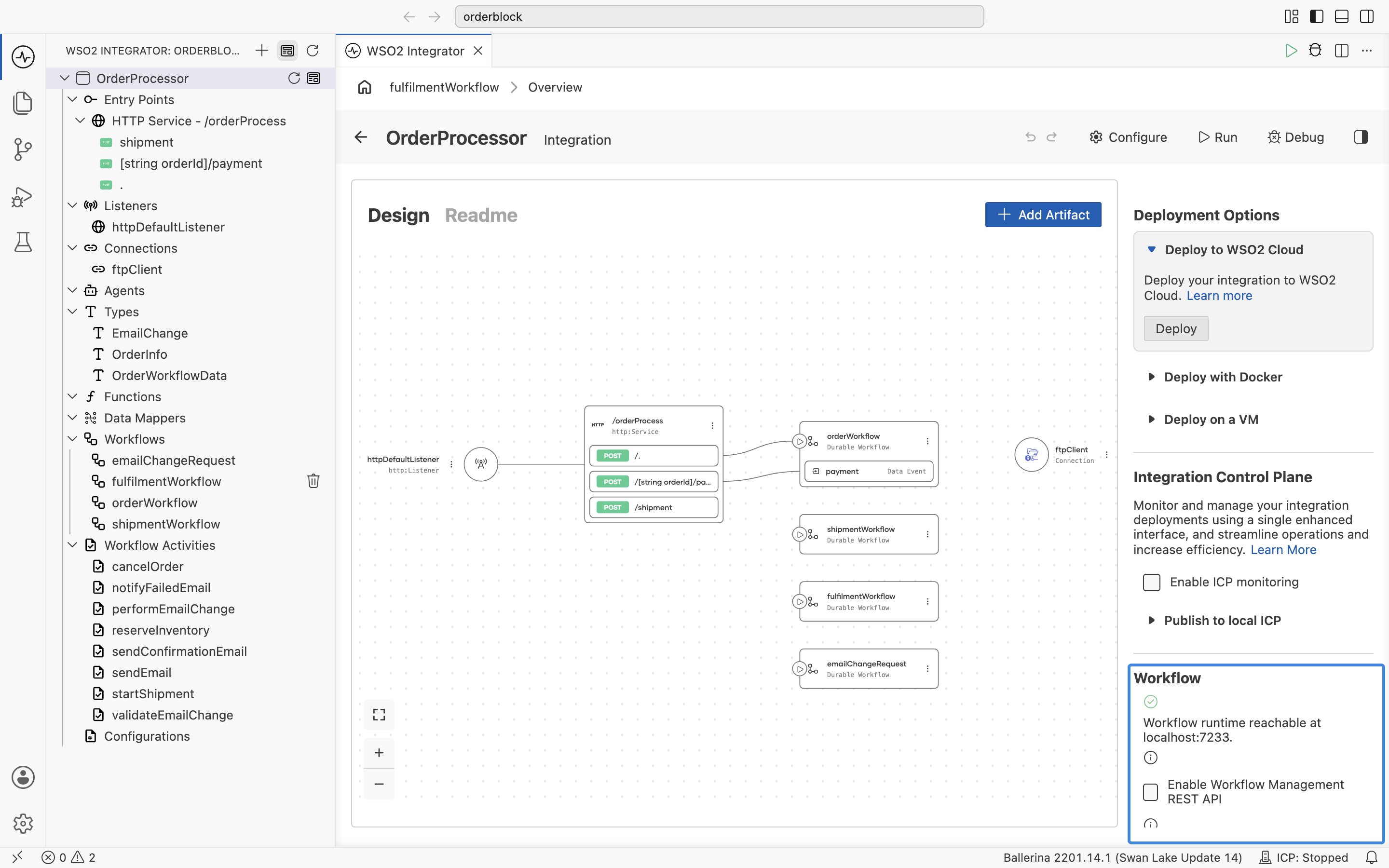 The integration overview with the Workflow section highlighted in the right panel, showing the Enable Workflow Management REST API checkbox below Integration Control Plane