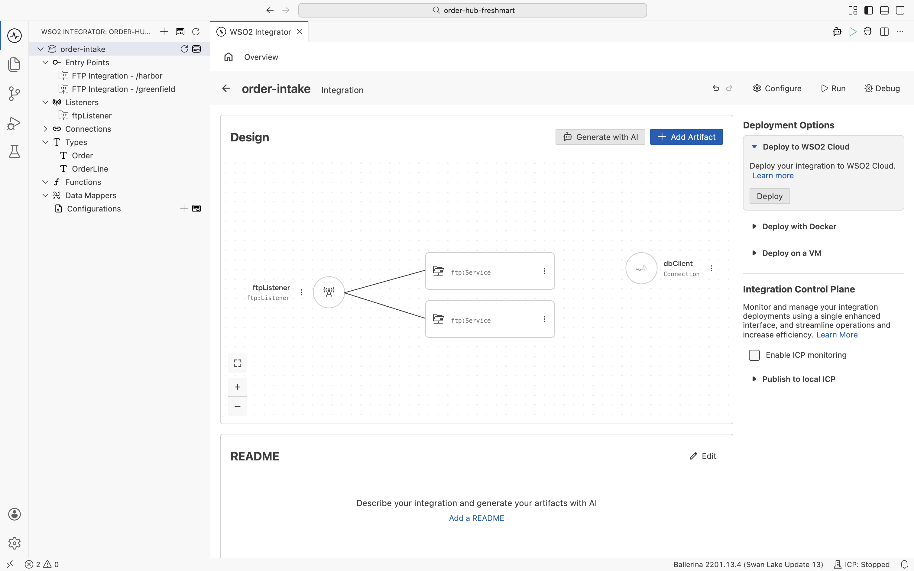 The Design view showing ftpListener with two ftp nodes branching off it, plus the dbClient connection, and the project tree listing both FTP Integration entry points under the single ftpListener