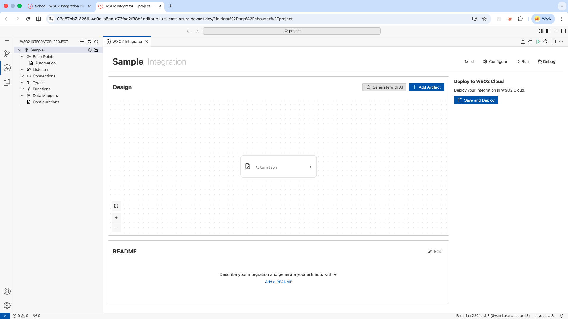 Integration overview in the cloud editor with the Save and Deploy button
