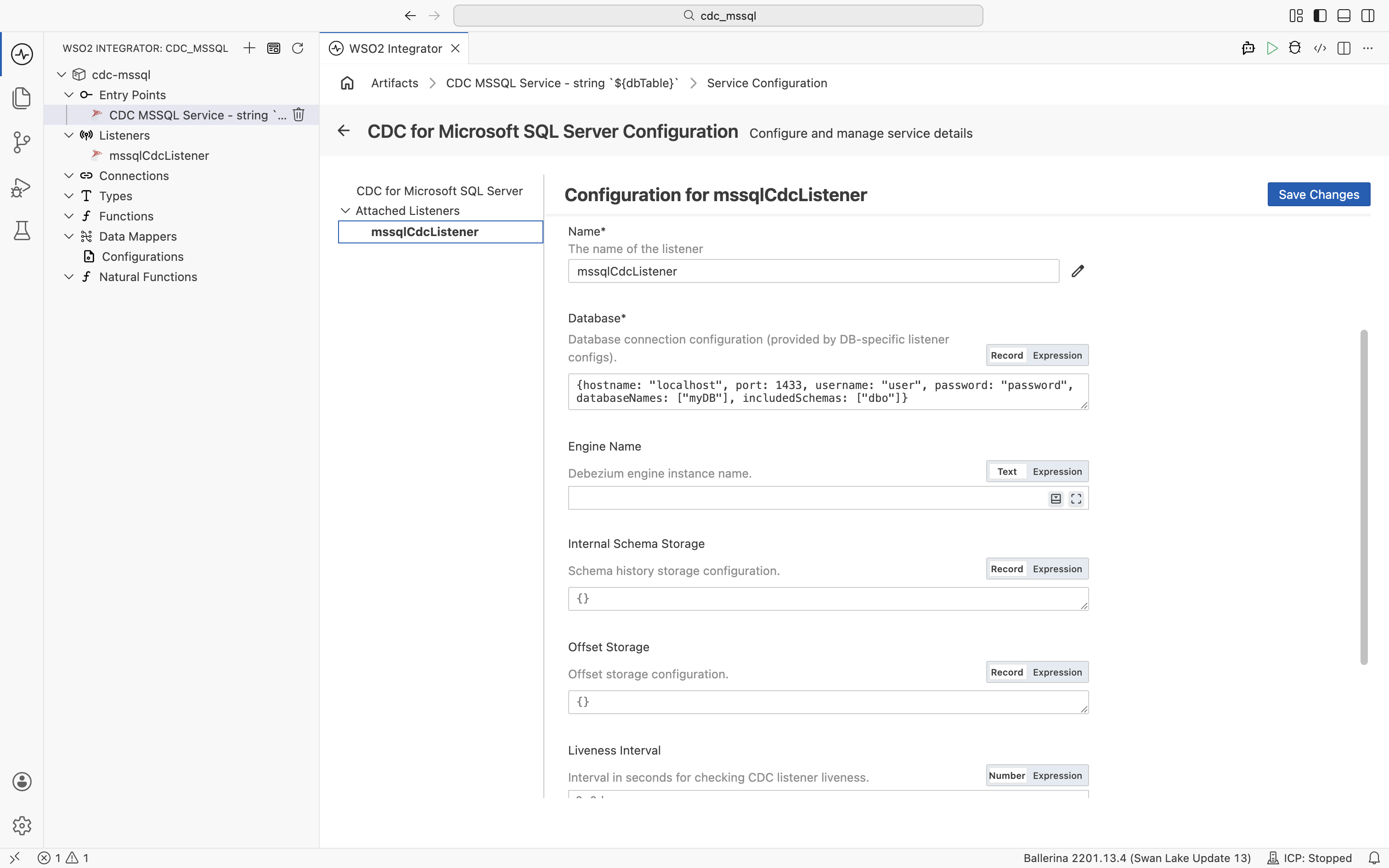 Listener configuration: Database, Engine Name, Internal Schema Storage, Offset Storage, Liveness Interval, Options