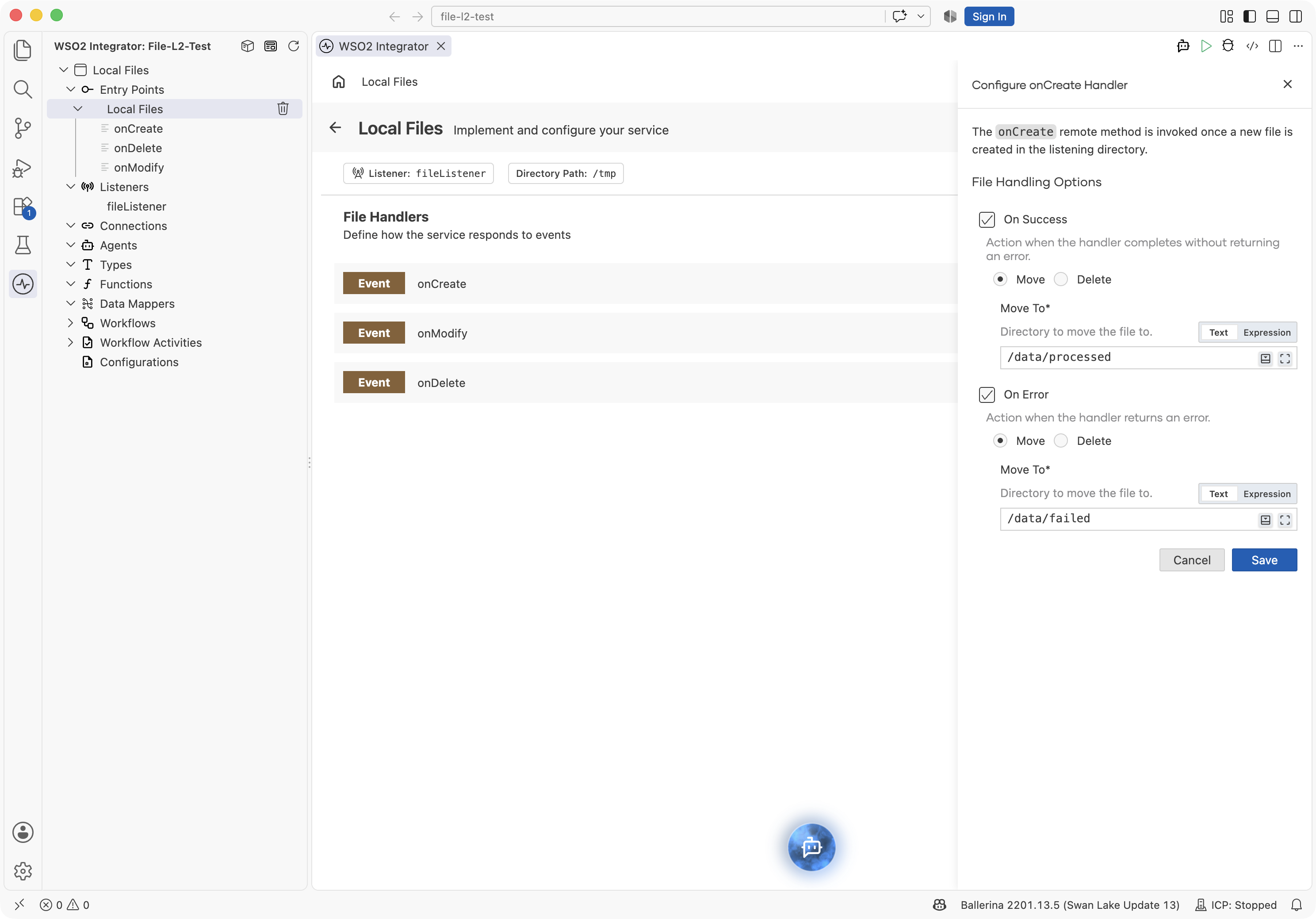 Configure onCreate Handler panel showing File Handling Options with On Success and On Error both ticked and set to Move