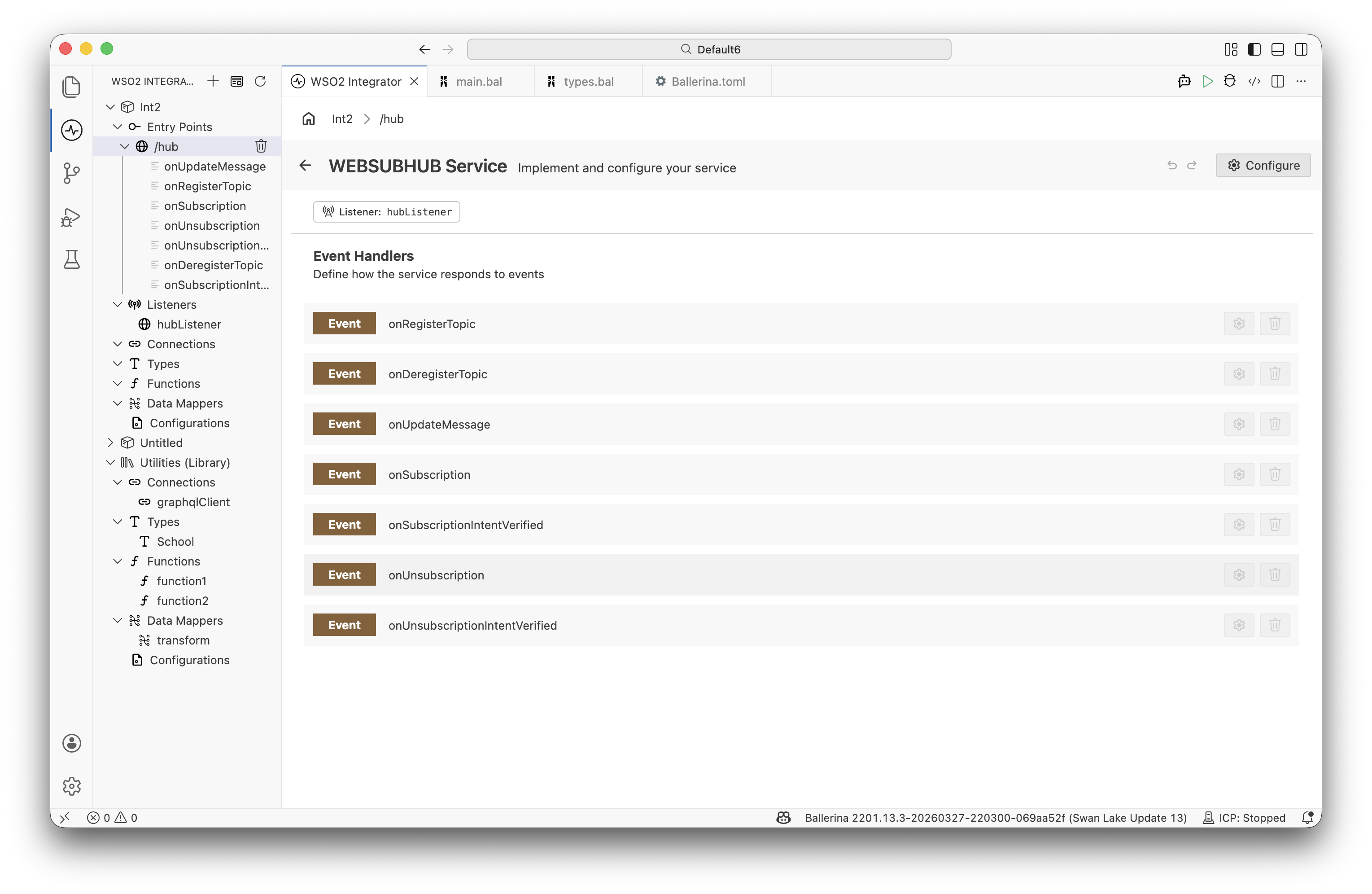 WEBSUBHUB Service designer listing the event handlers of the /hub service