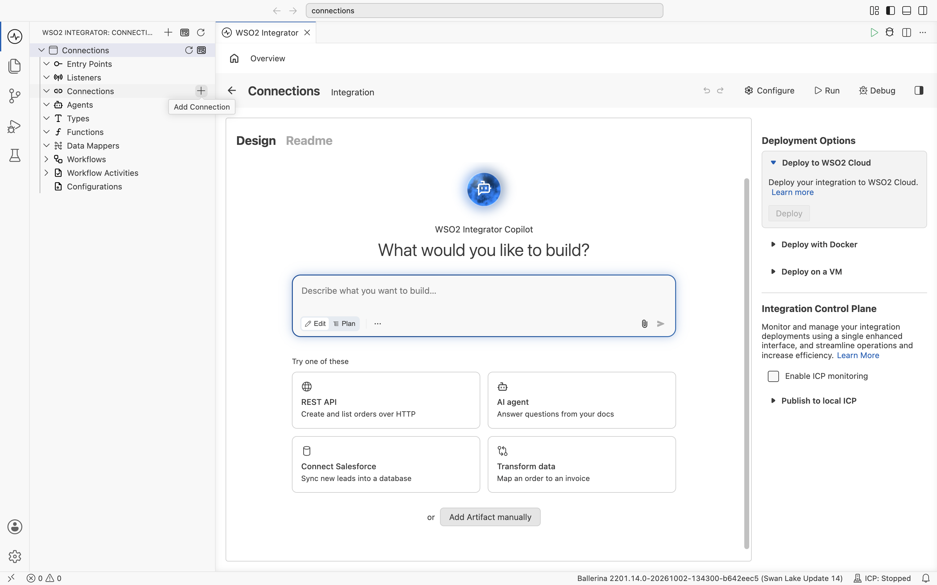 WSO2 Integrator Add connection via sidebar