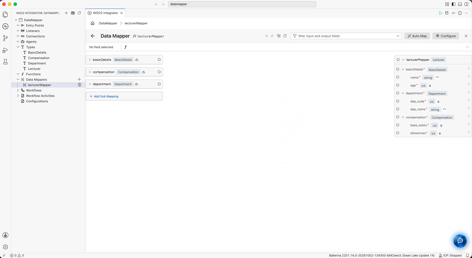 Data mapper canvas with input record on the left and output record on the right