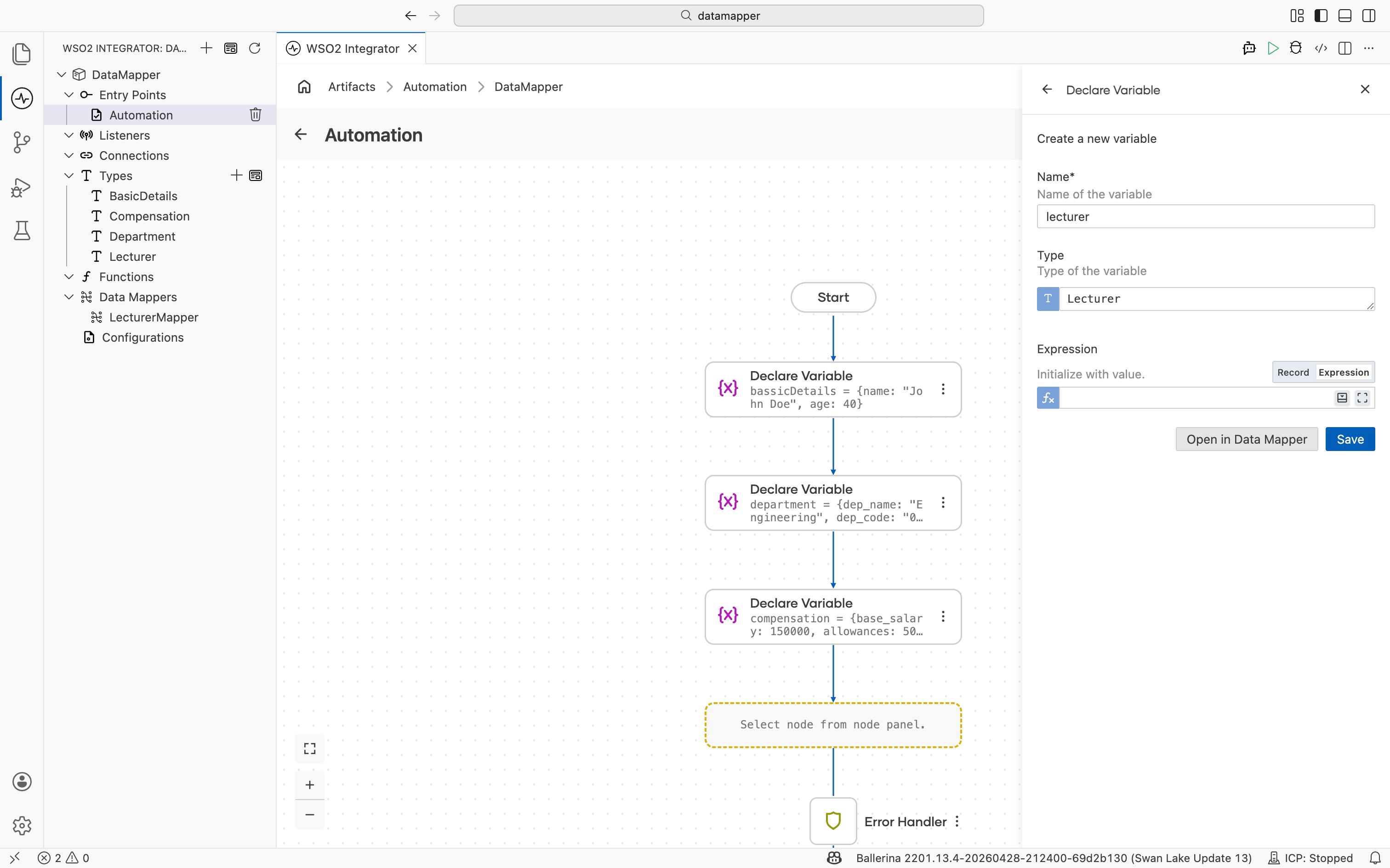 Declare Variable side panel showing the Open in Data Mapper button next to a Lecturer-typed variable