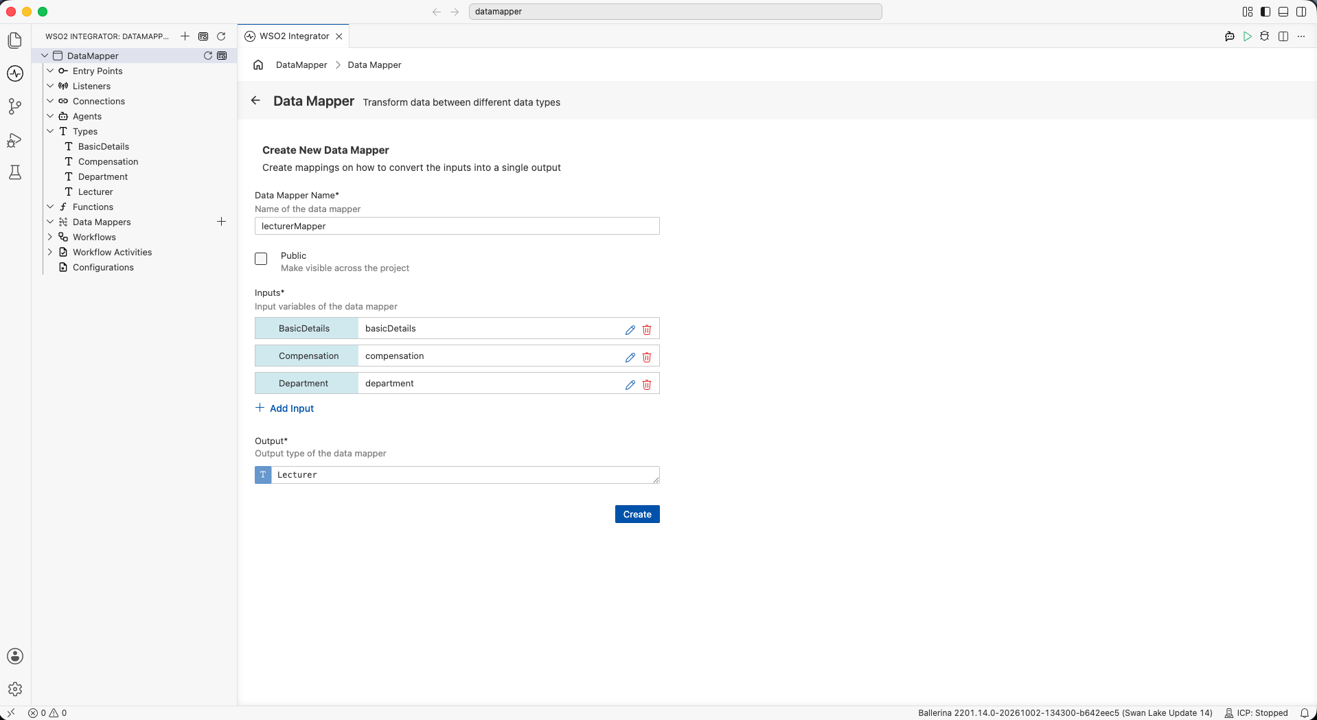 Create New Data Mapper form with Name, Public, Inputs, and Output fields