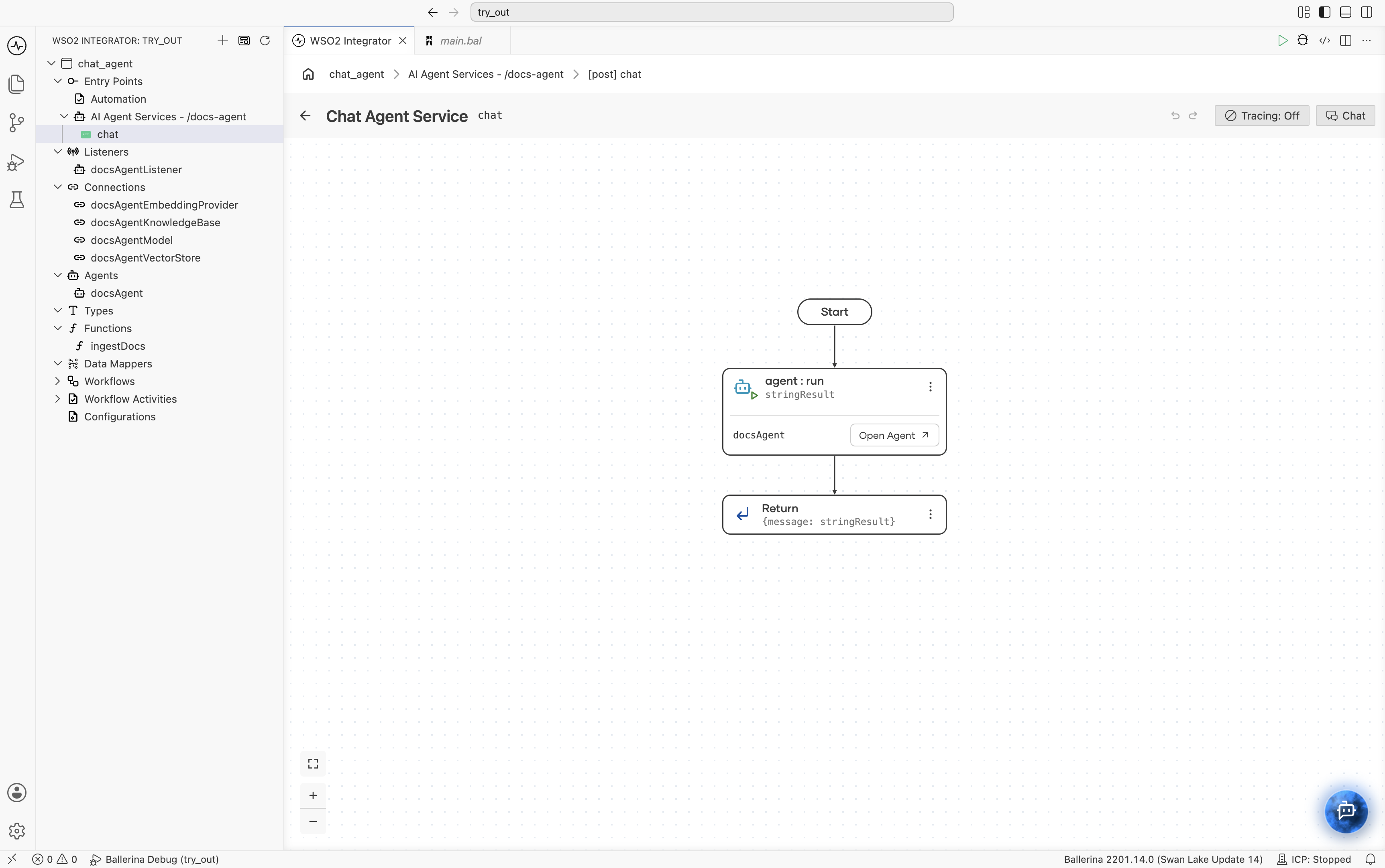 AI Chat Agent flow diagram showing the Chat button next to Tracing: Off in the toolbar