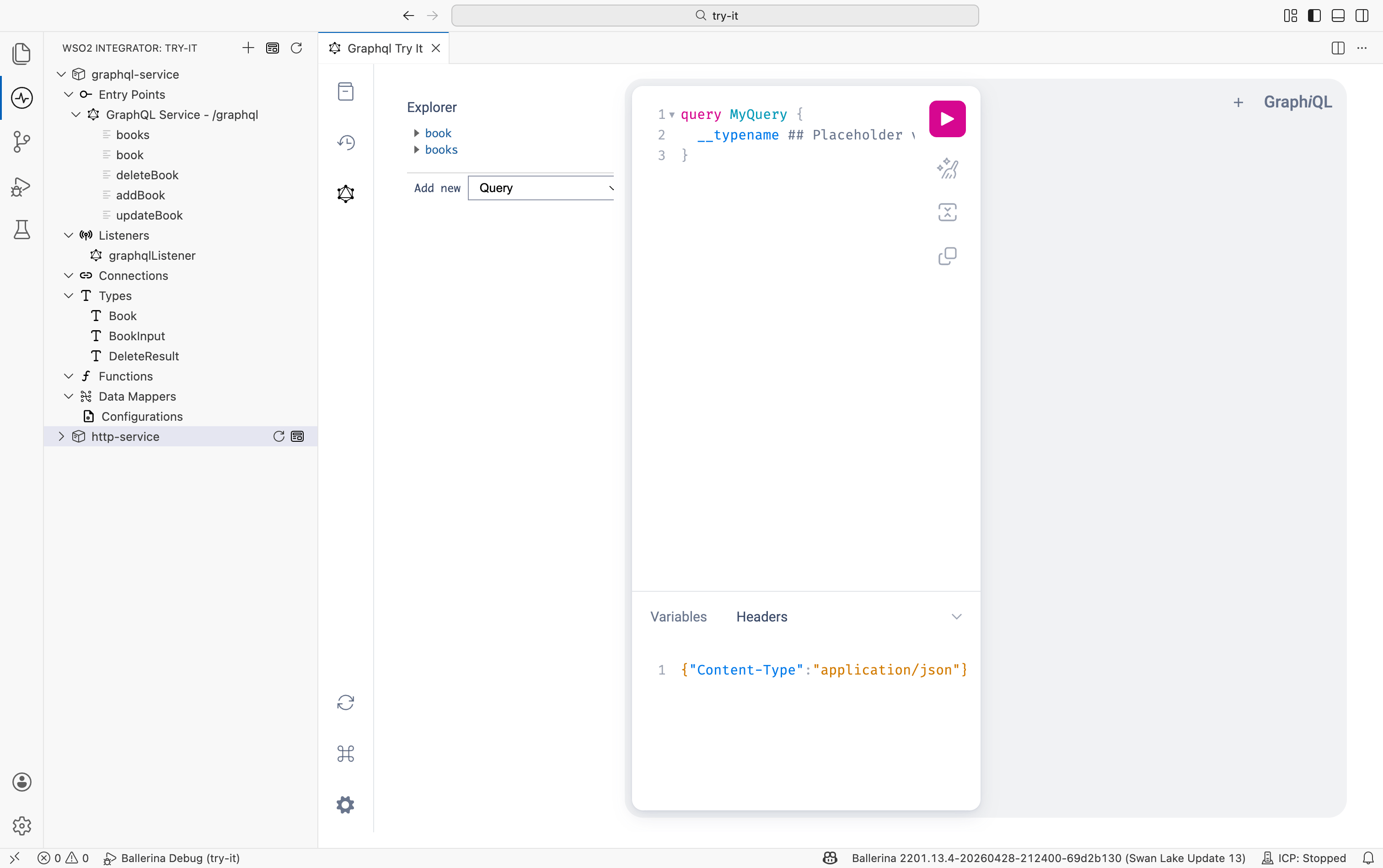 GraphiQL editor with Explorer, query editor, Variables and Headers tabs