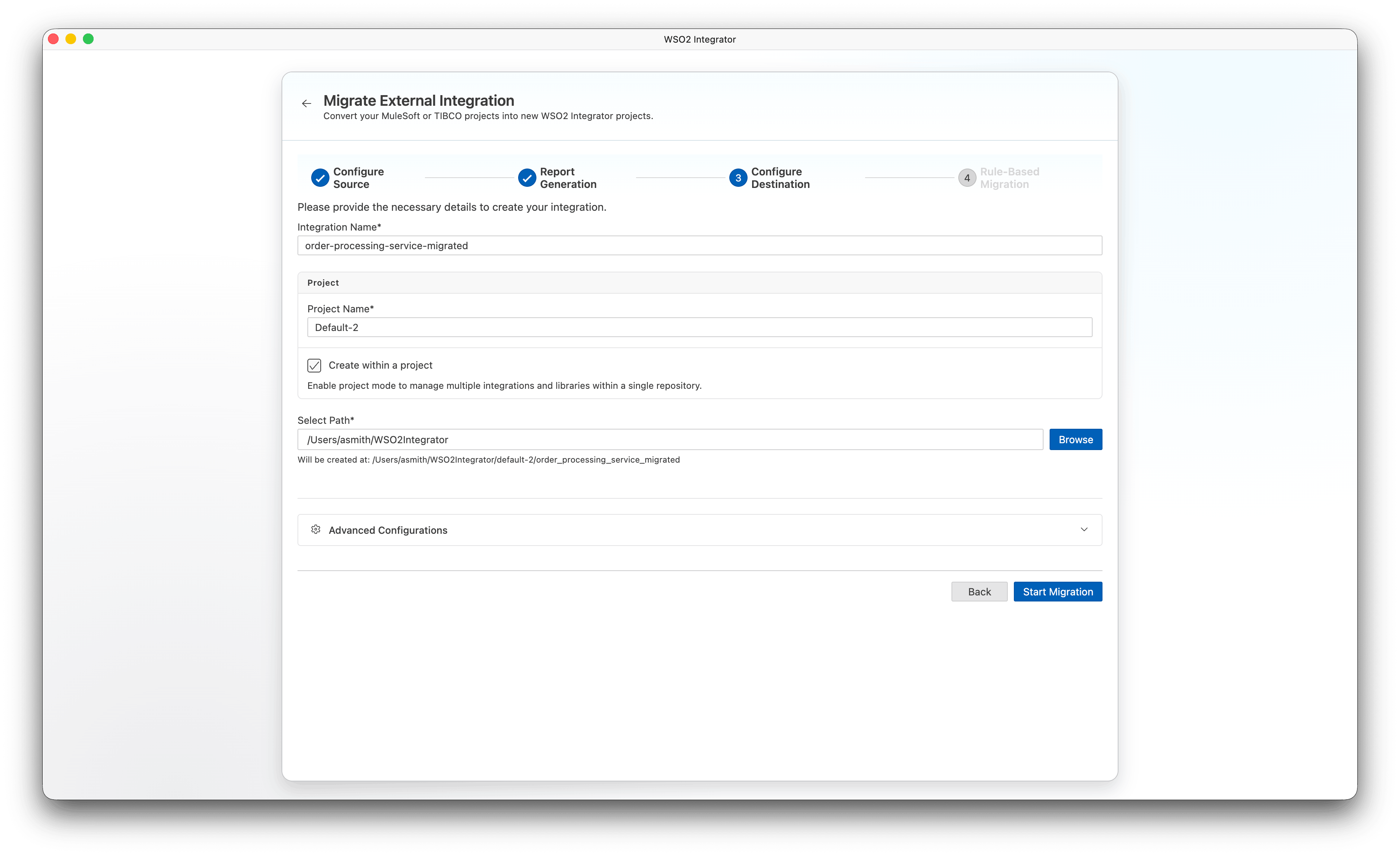 Configure destination step