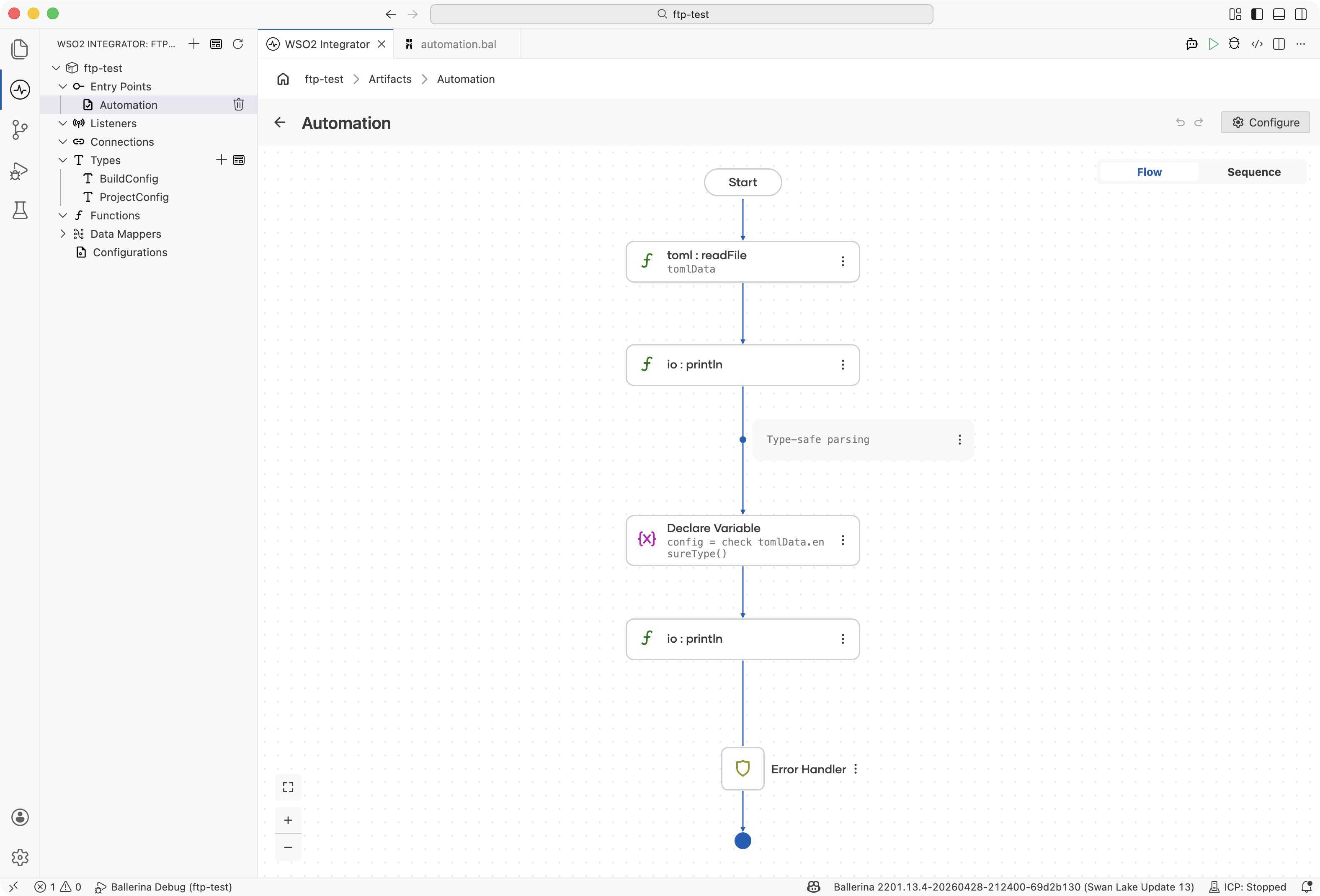 Flow designer showing TOML file read, raw print, typed conversion, and version print steps