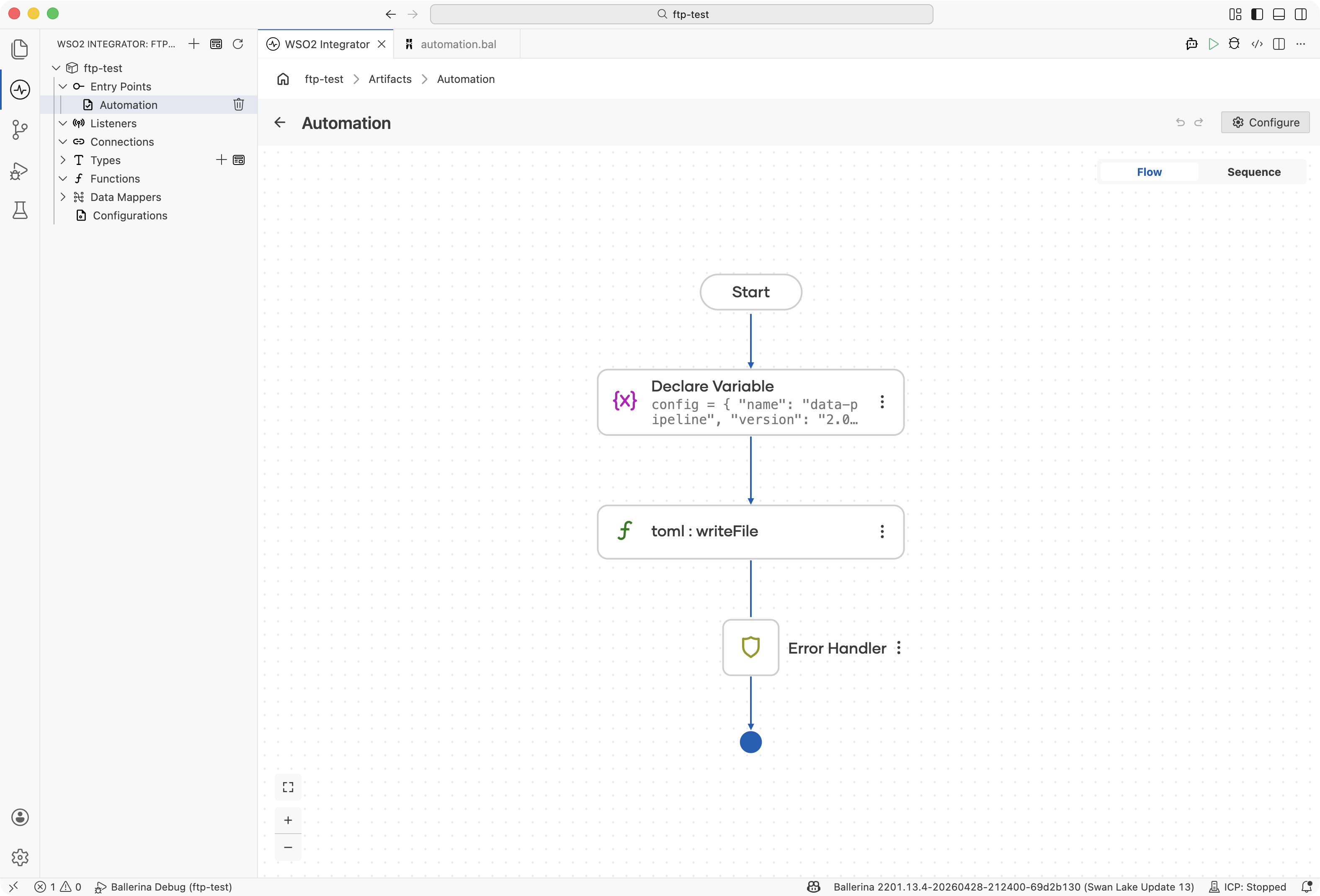 Flow designer showing the config map declaration and TOML write step