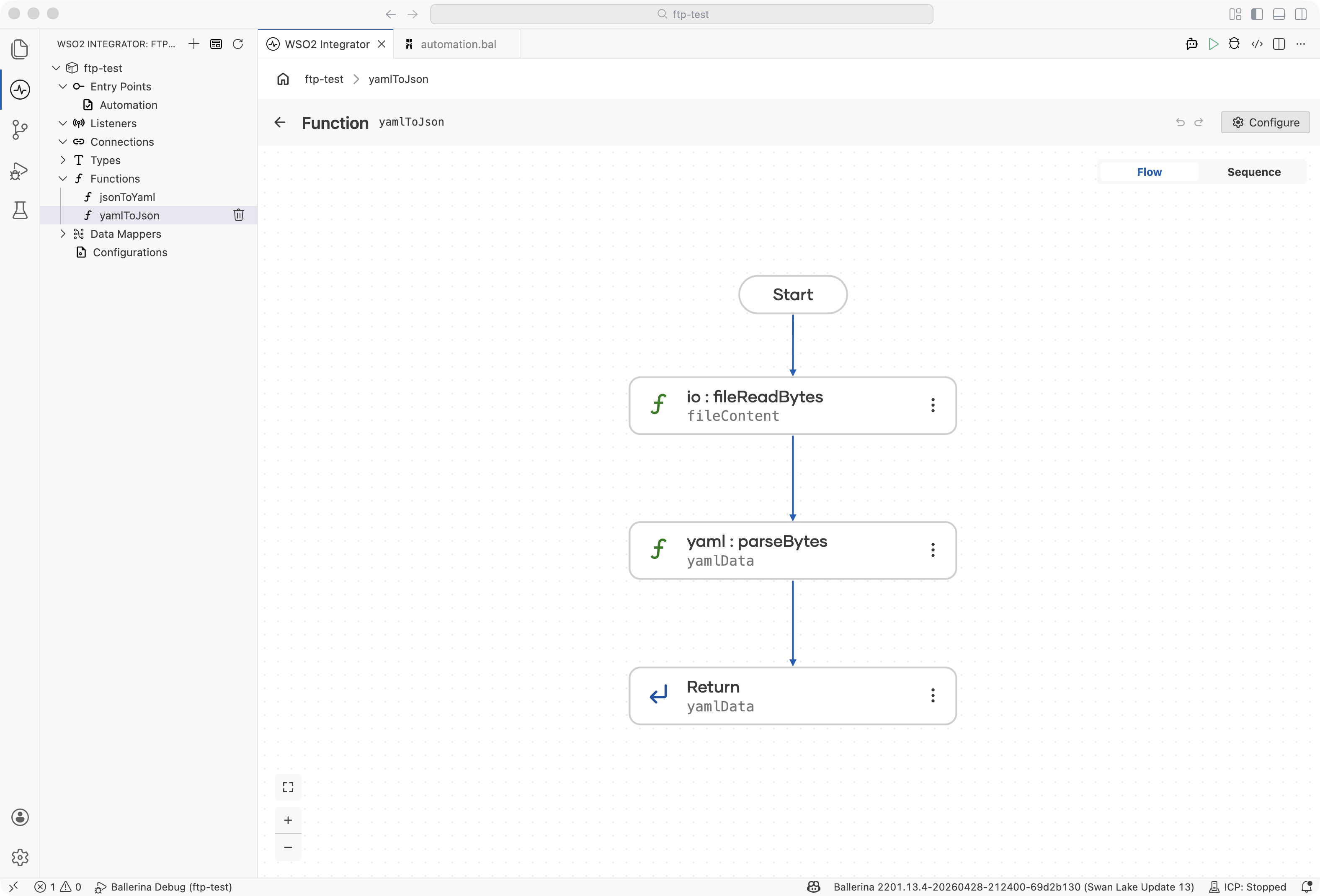 Flow designer showing YAML-to-JSON conversion function flows