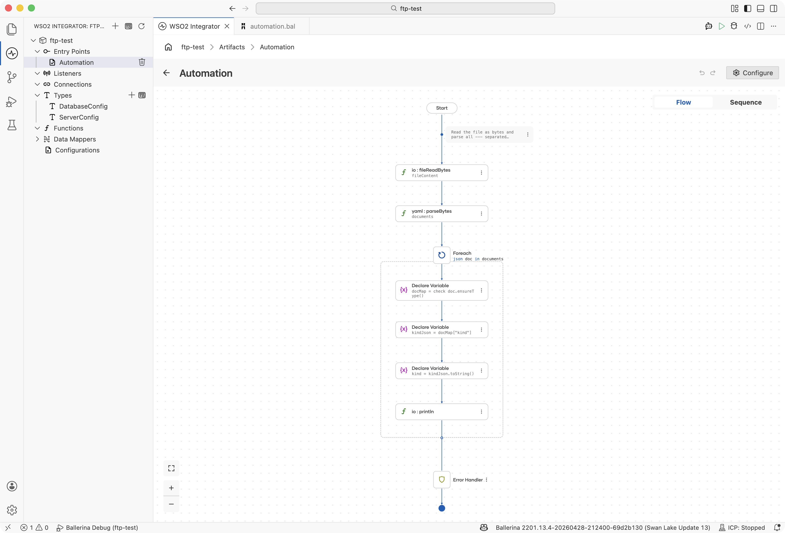 Flow designer showing multi-document YAML parsing with foreach iteration