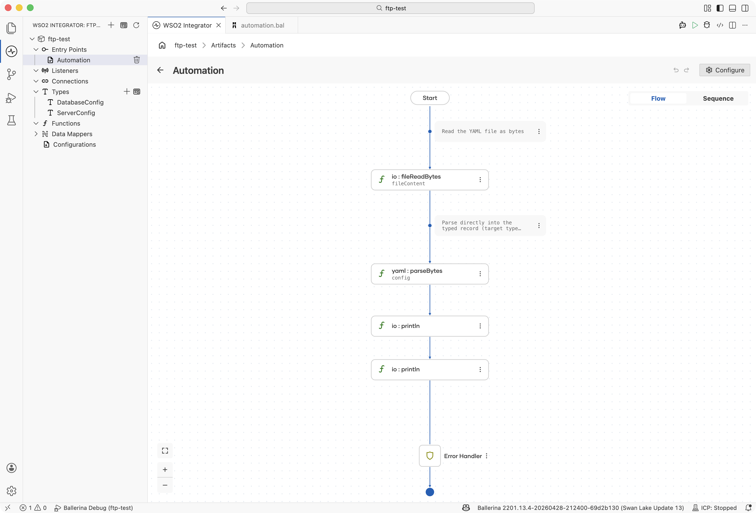Flow designer showing YAML file read, typed conversion, and console output steps