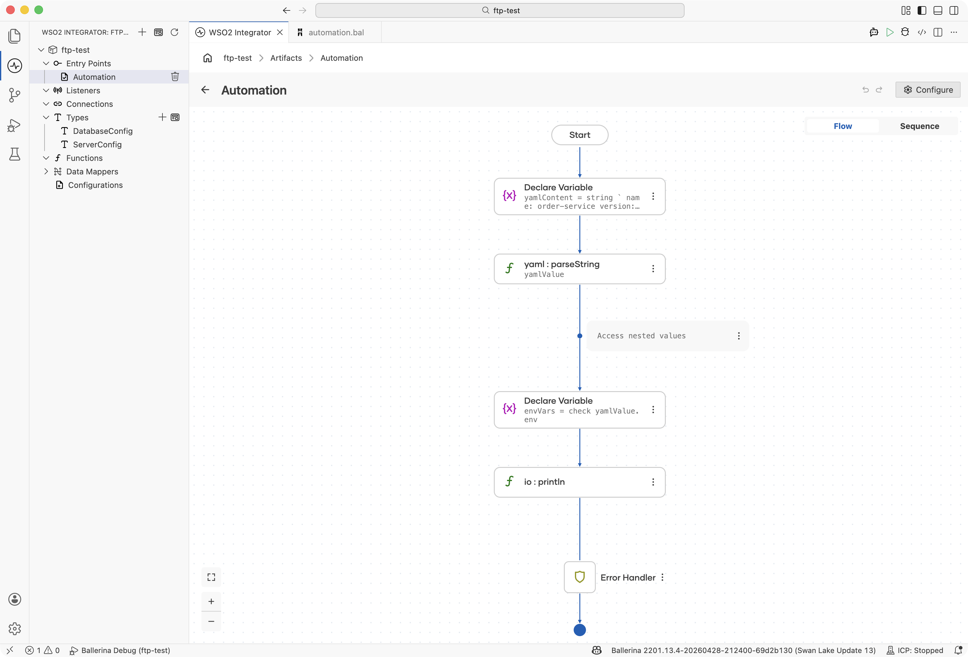 Flow designer showing YAML string parsing, nested value access, and console output steps