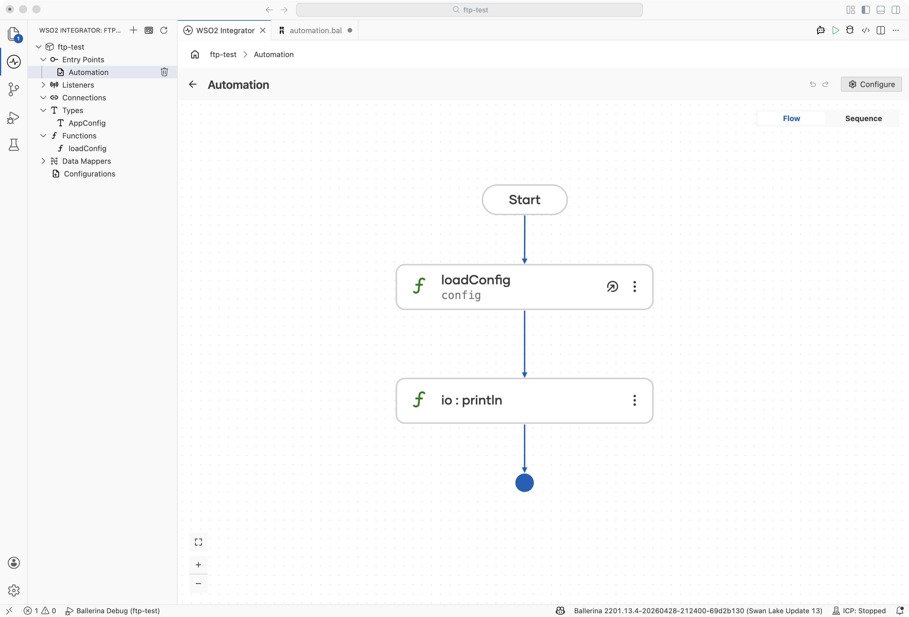 Flow designer showing the dynamic configuration loader with If/Else branching for YAML and TOML formats