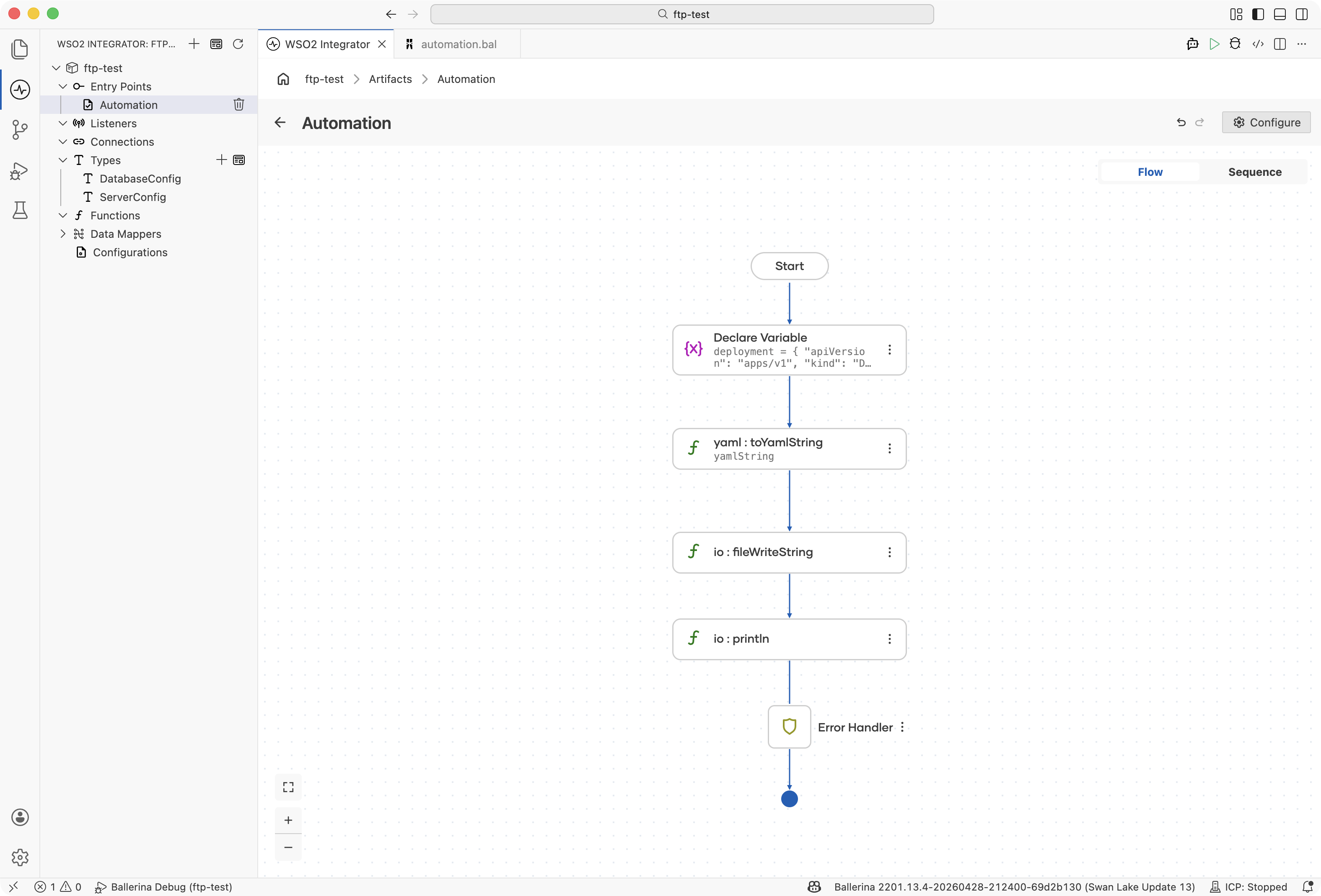 Flow designer showing YAML serialization, file write, and console output steps