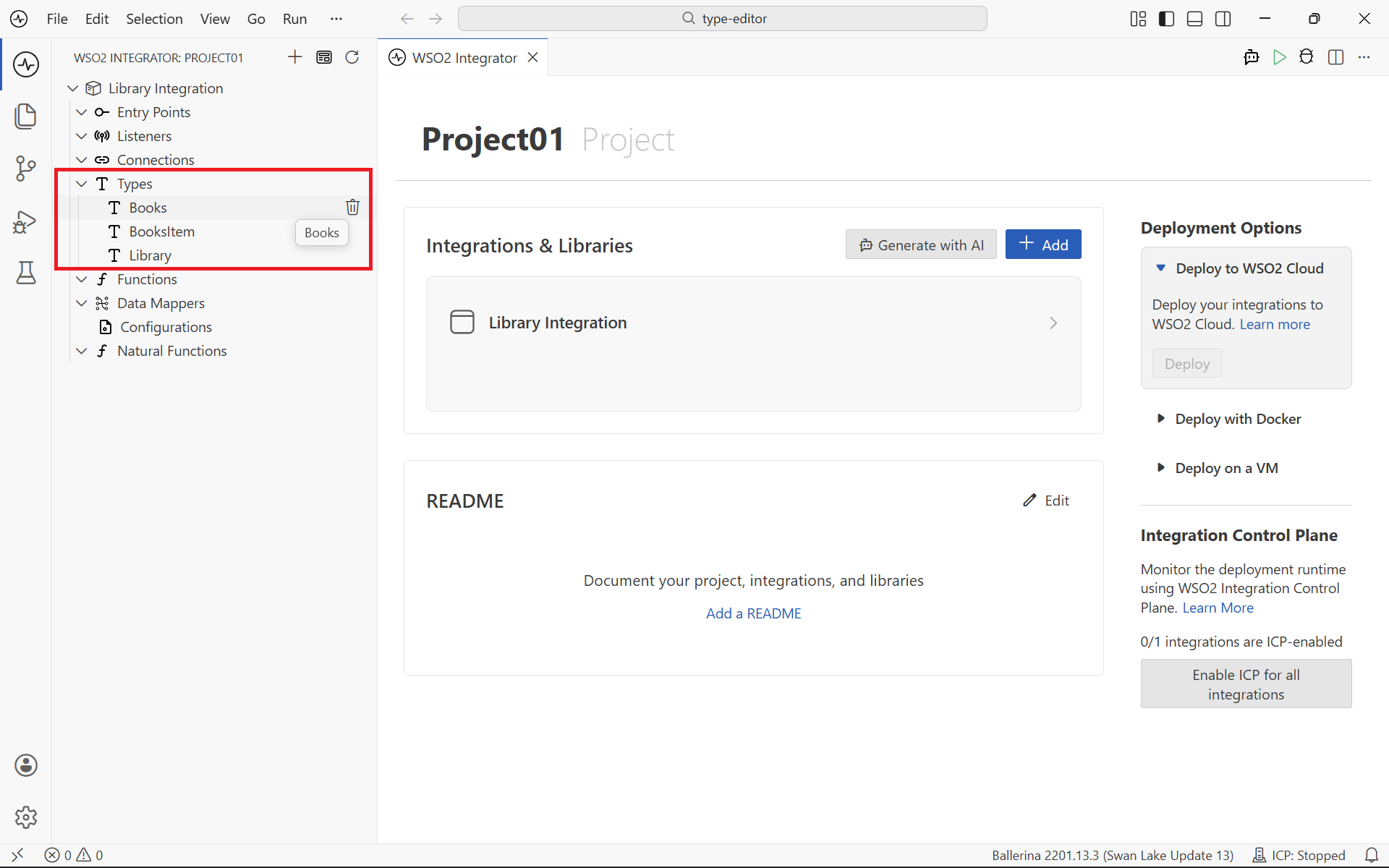 Types listed under the project explorer