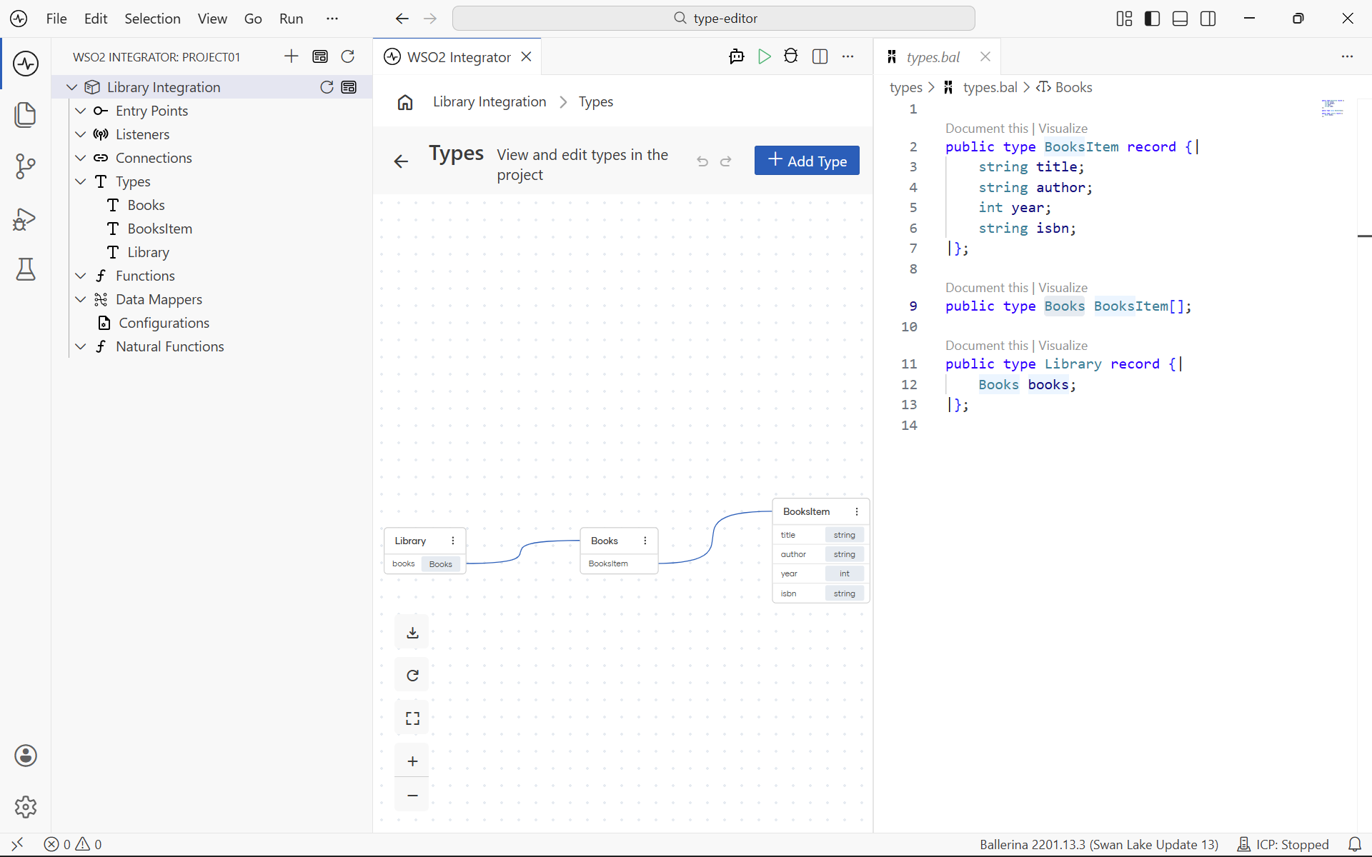 Type diagram and types.bal side by side