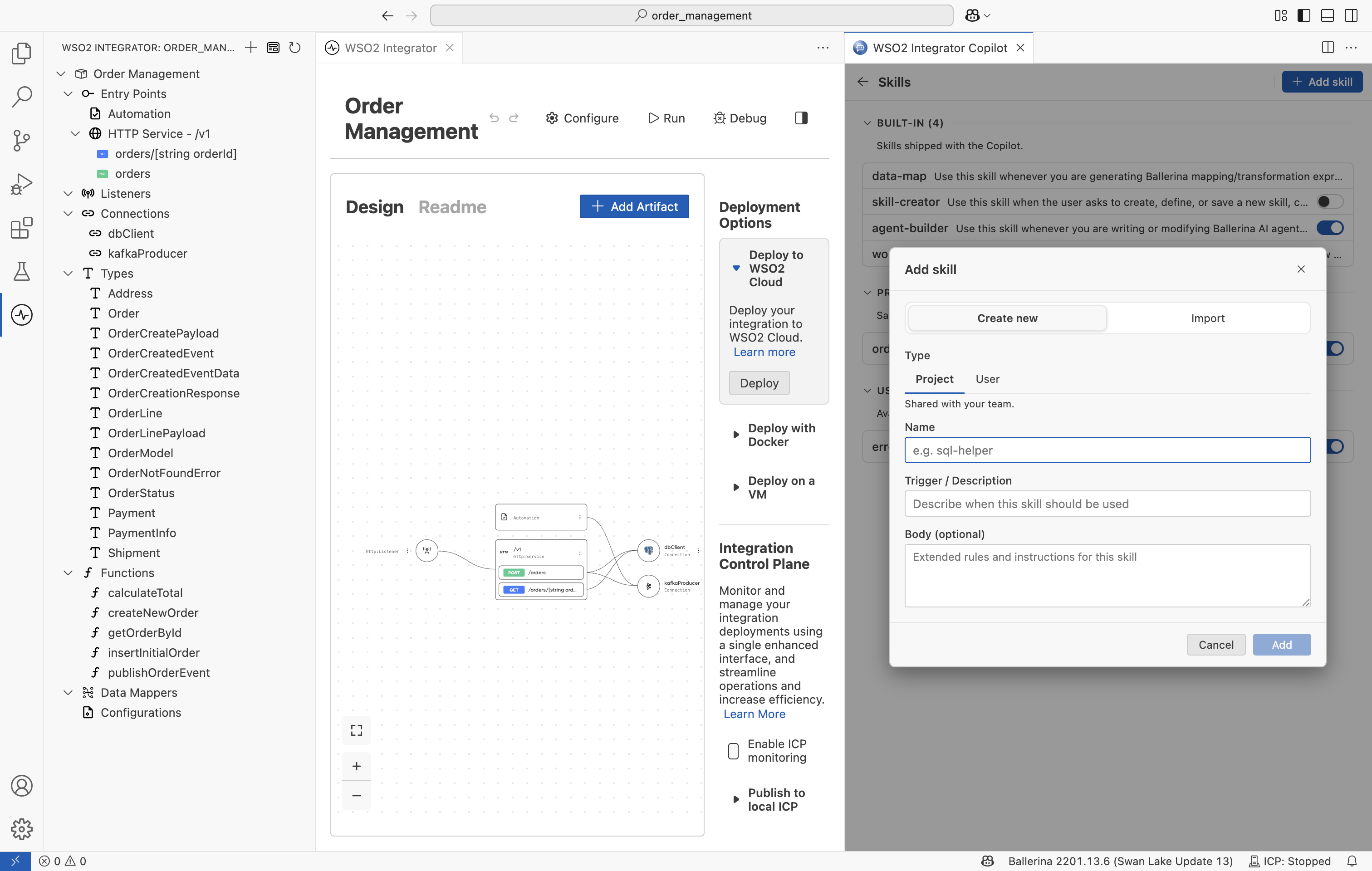 The Add skill dialog with the Create new and Import tabs.