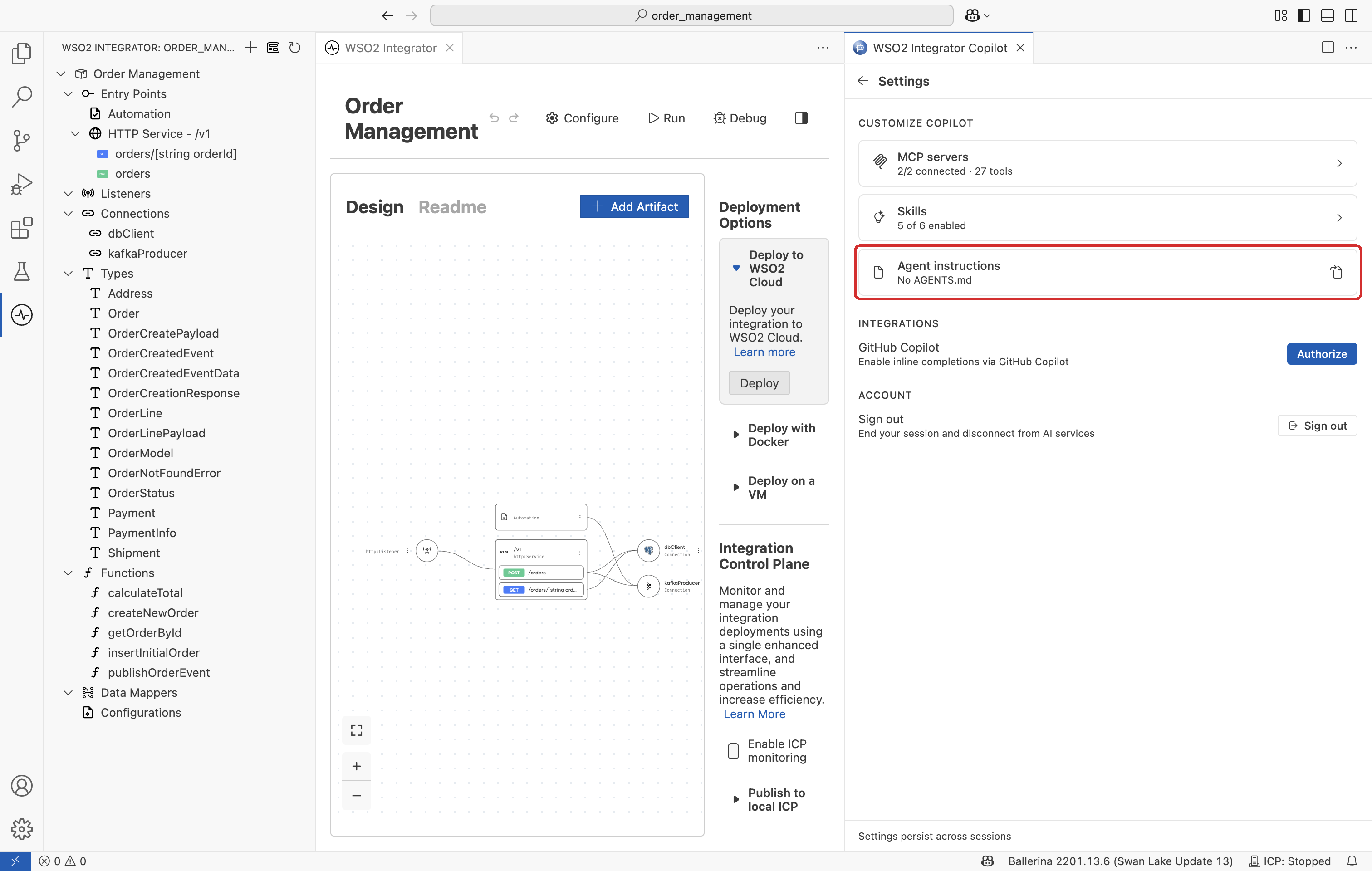 The Customize Copilot section in Settings with the Agent instructions row.