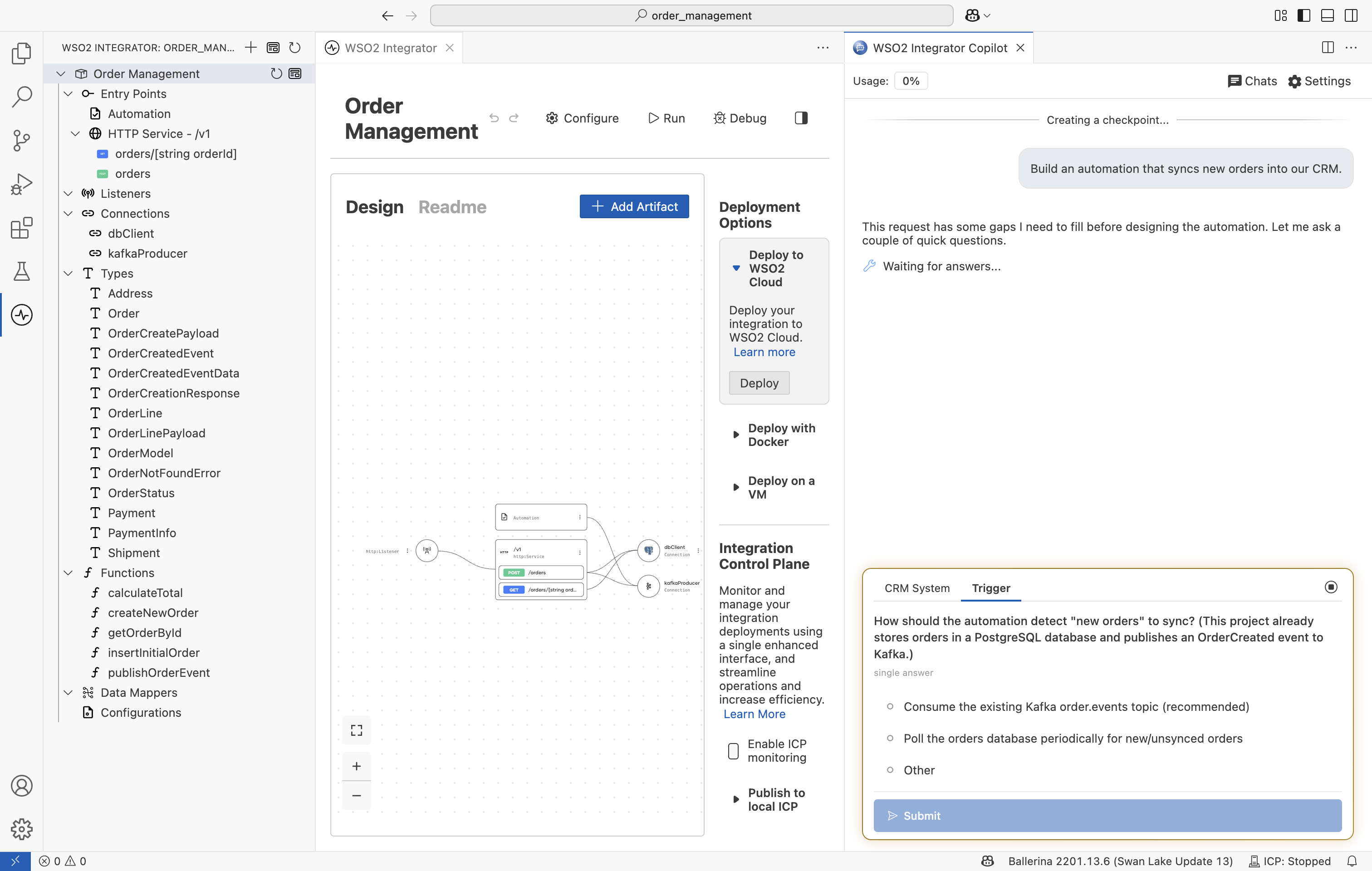 Clarifying requirements prompt showing selection options.