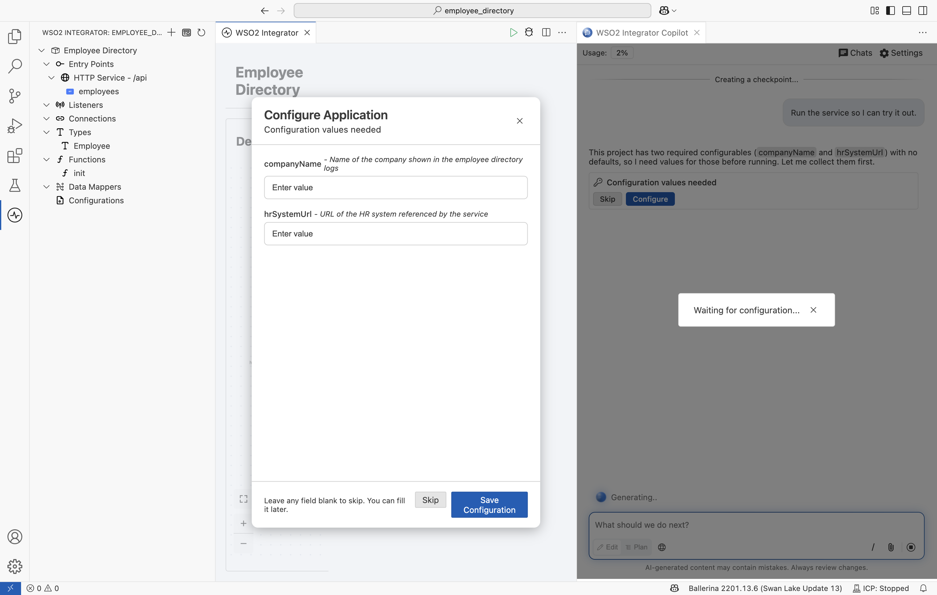 Configuration collection prompt showing required fields for the integration.