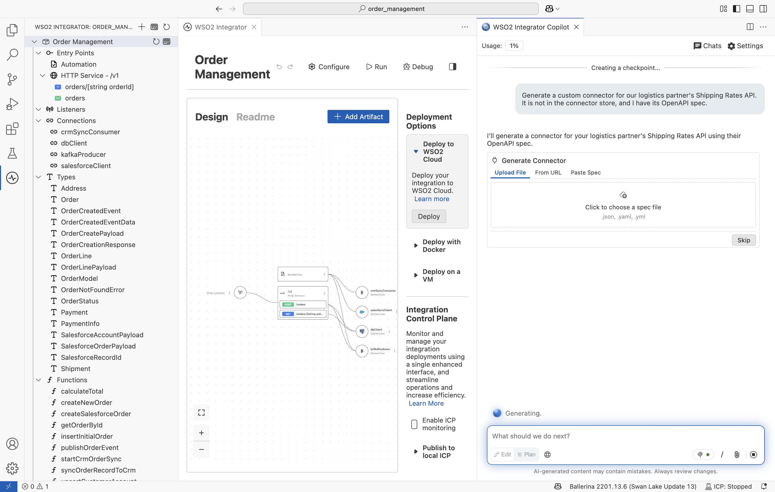 Copilot generating custom connector code from an OpenAPI specification.