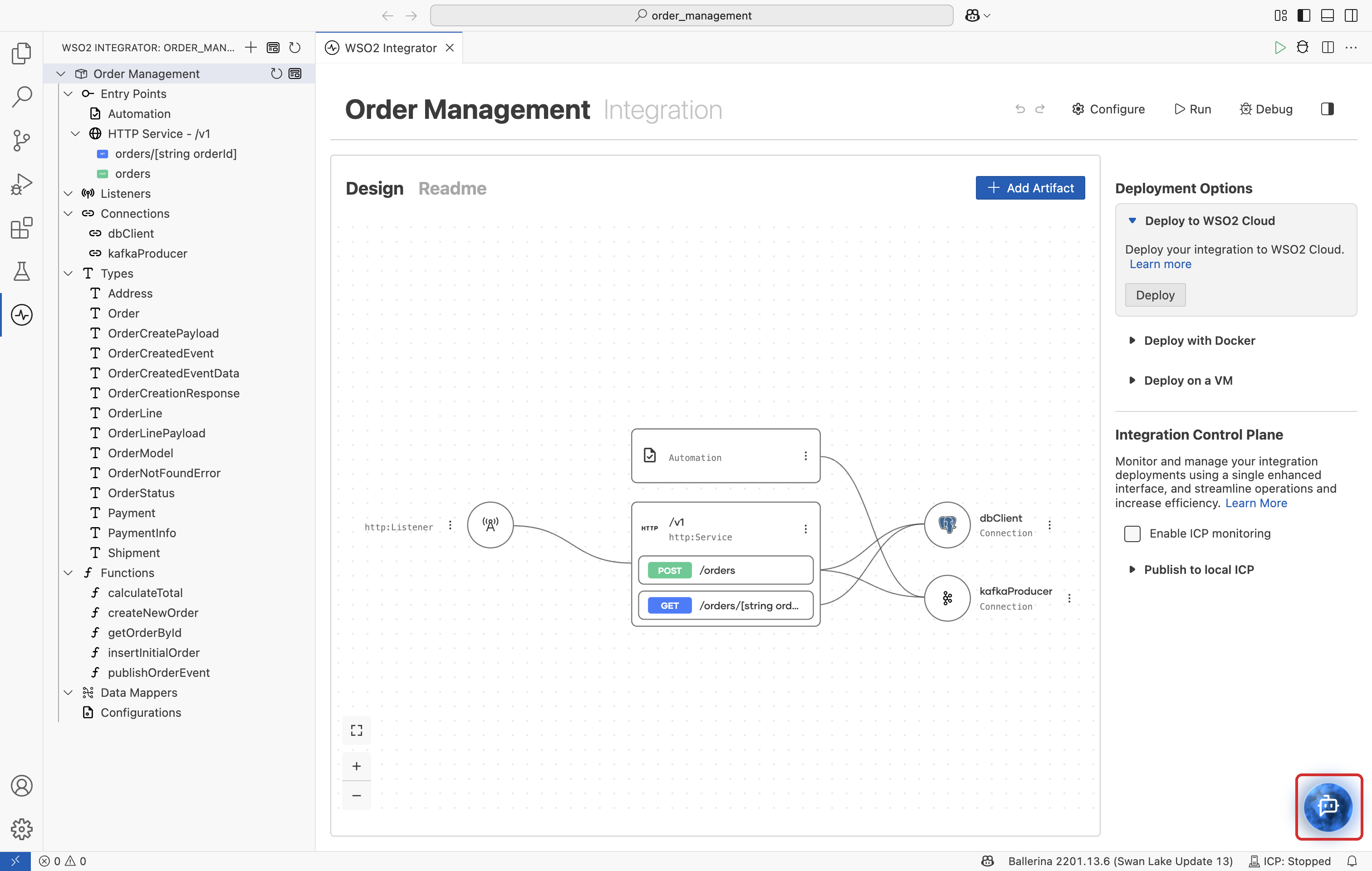 The WSO2 Integrator Copilot orb on the integration overview.