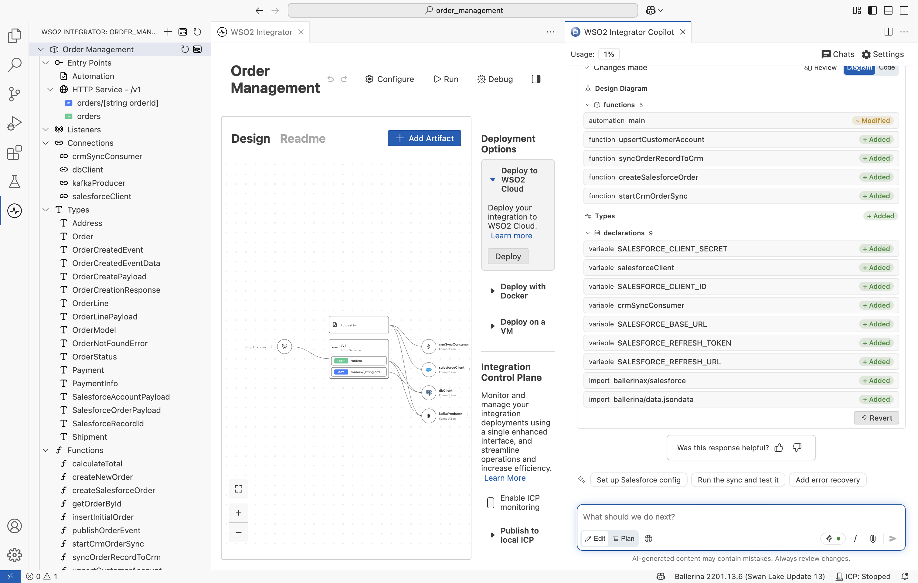 WSO2 Integrator Copilot panel open alongside an integration project in the editor.