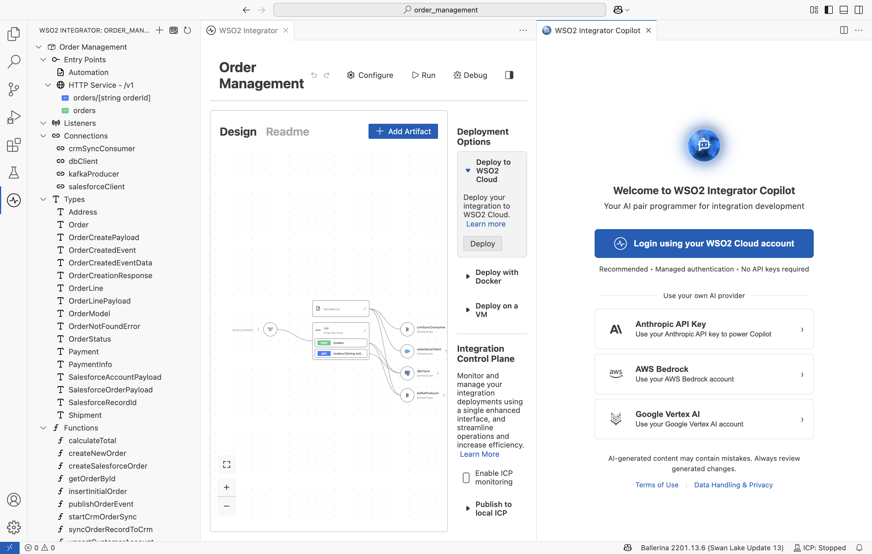 WSO2 Integrator Copilot welcome screen with the sign-in options.