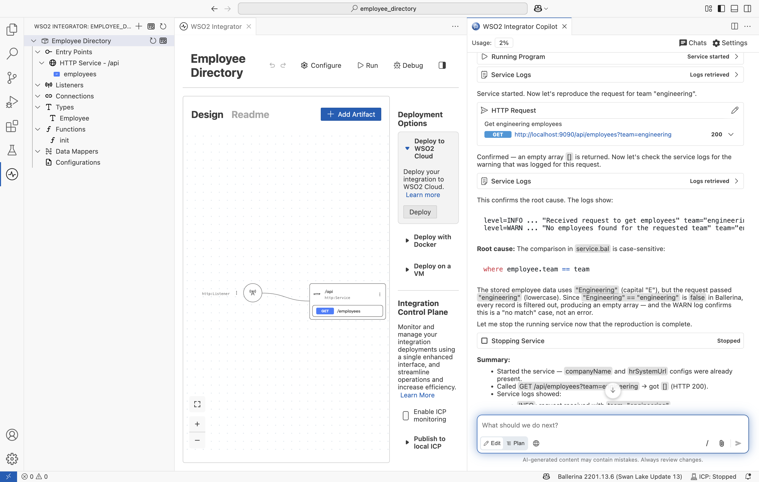 Copilot debugging an integration by reproducing the failing request, inspecting the HTTP response and service logs, and identifying a case-sensitivity bug in the team filter.