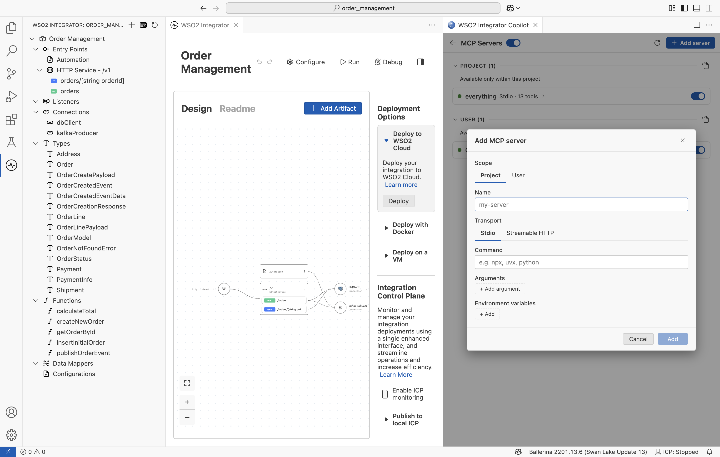 Add MCP server form with scope, name, transport, command, and arguments fields.