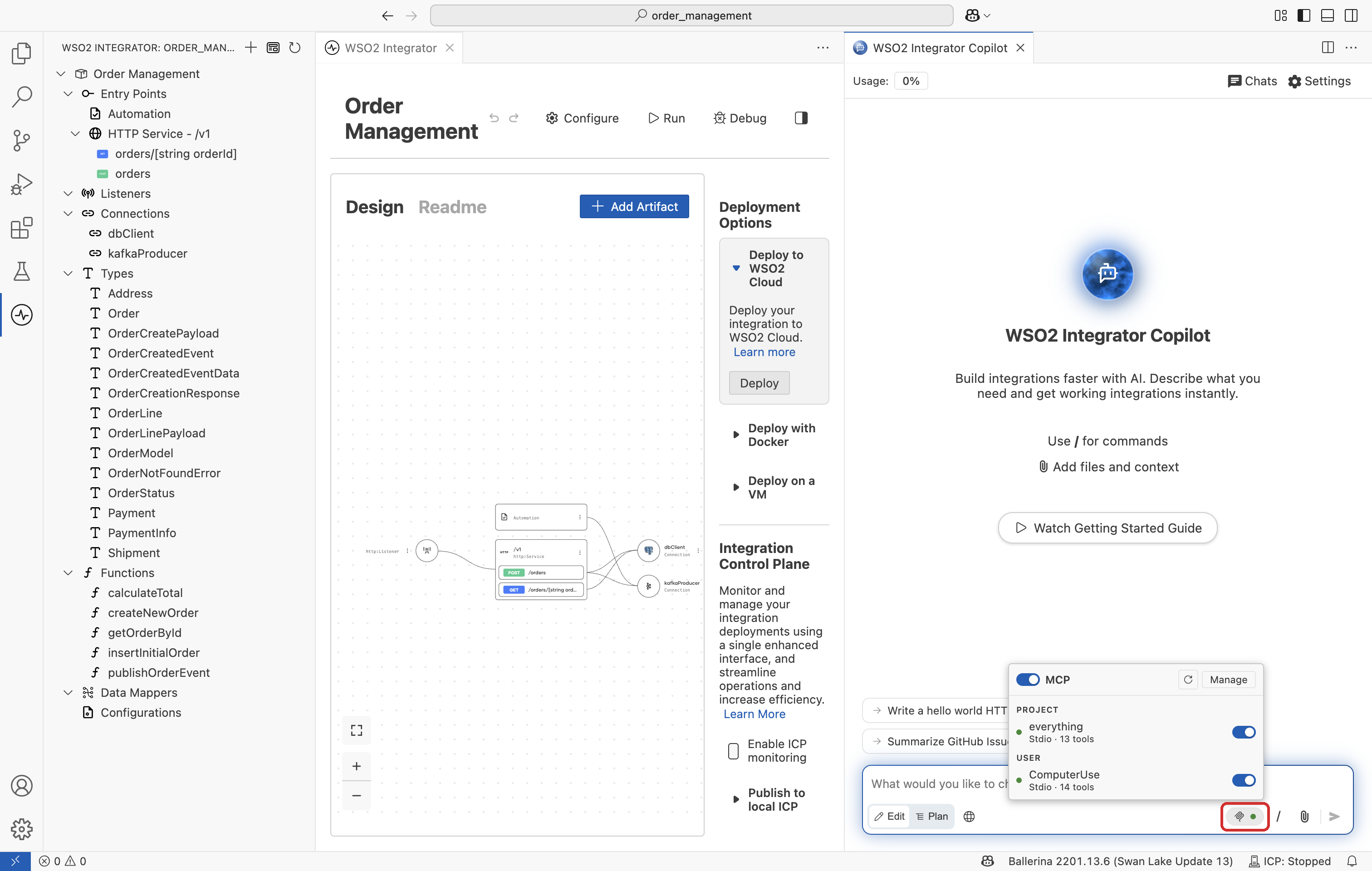 MCP chip popover in the chat input with per-scope server toggles and a Manage button.