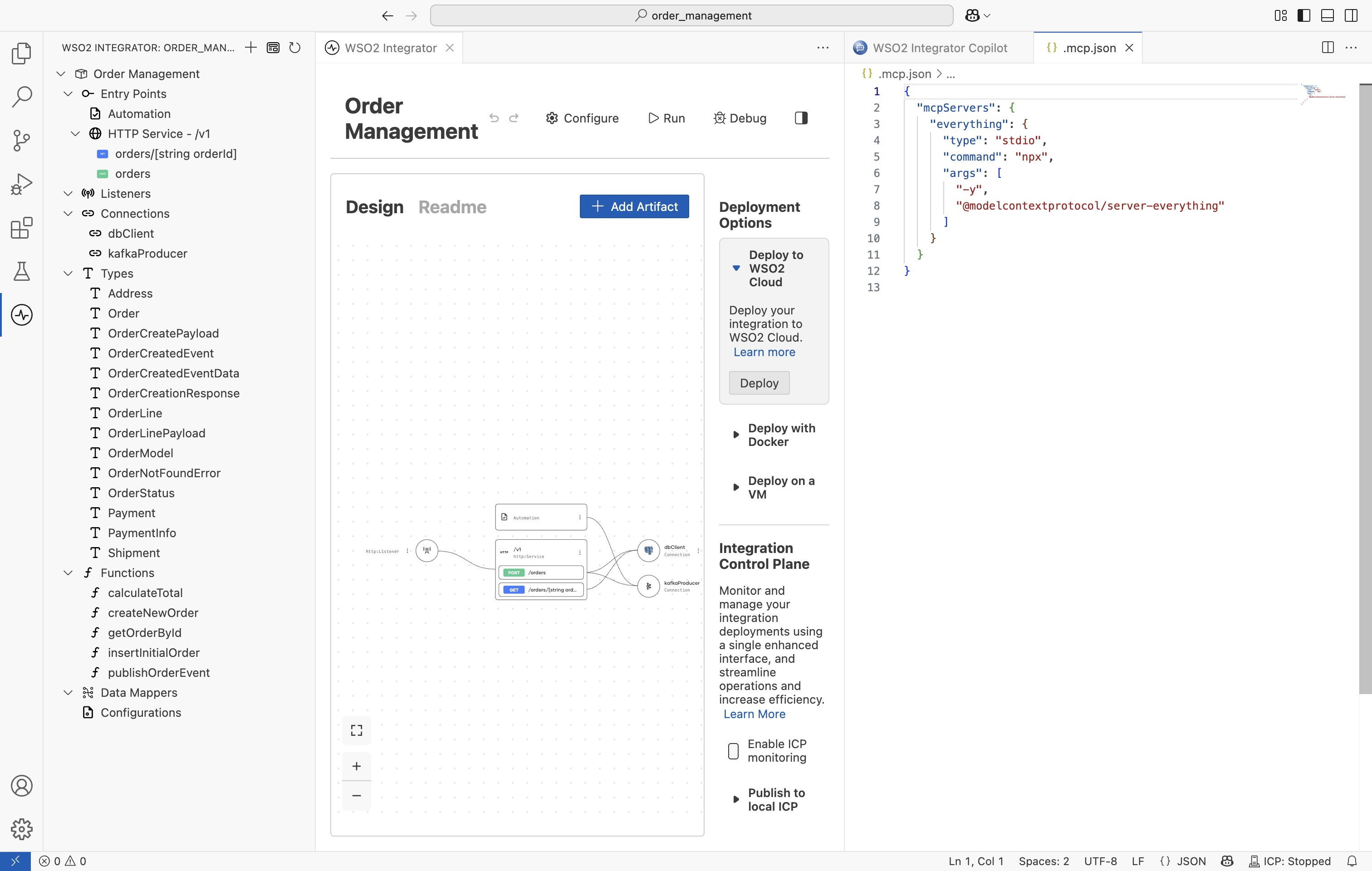 A project .mcp.json file open in the editor with a stdio server entry.