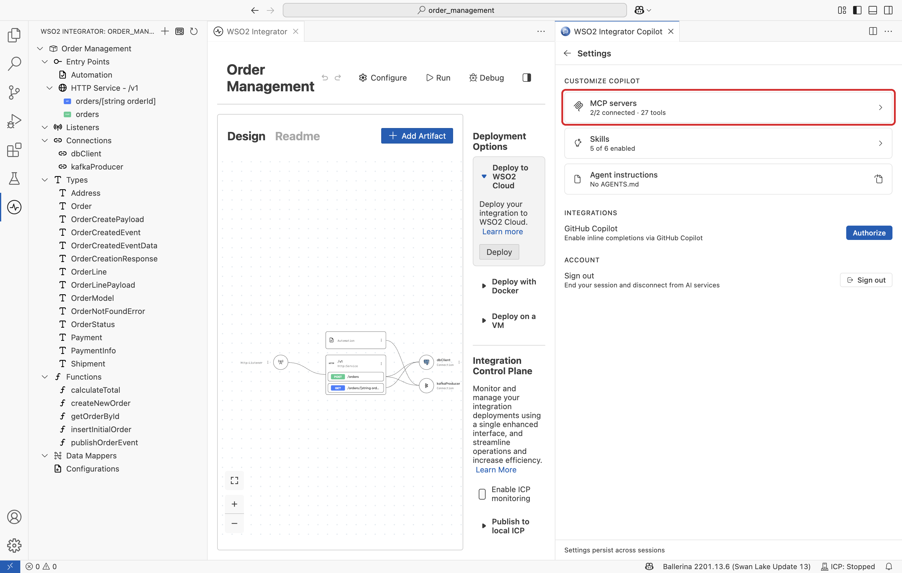 Customize Copilot settings showing the MCP servers entry.