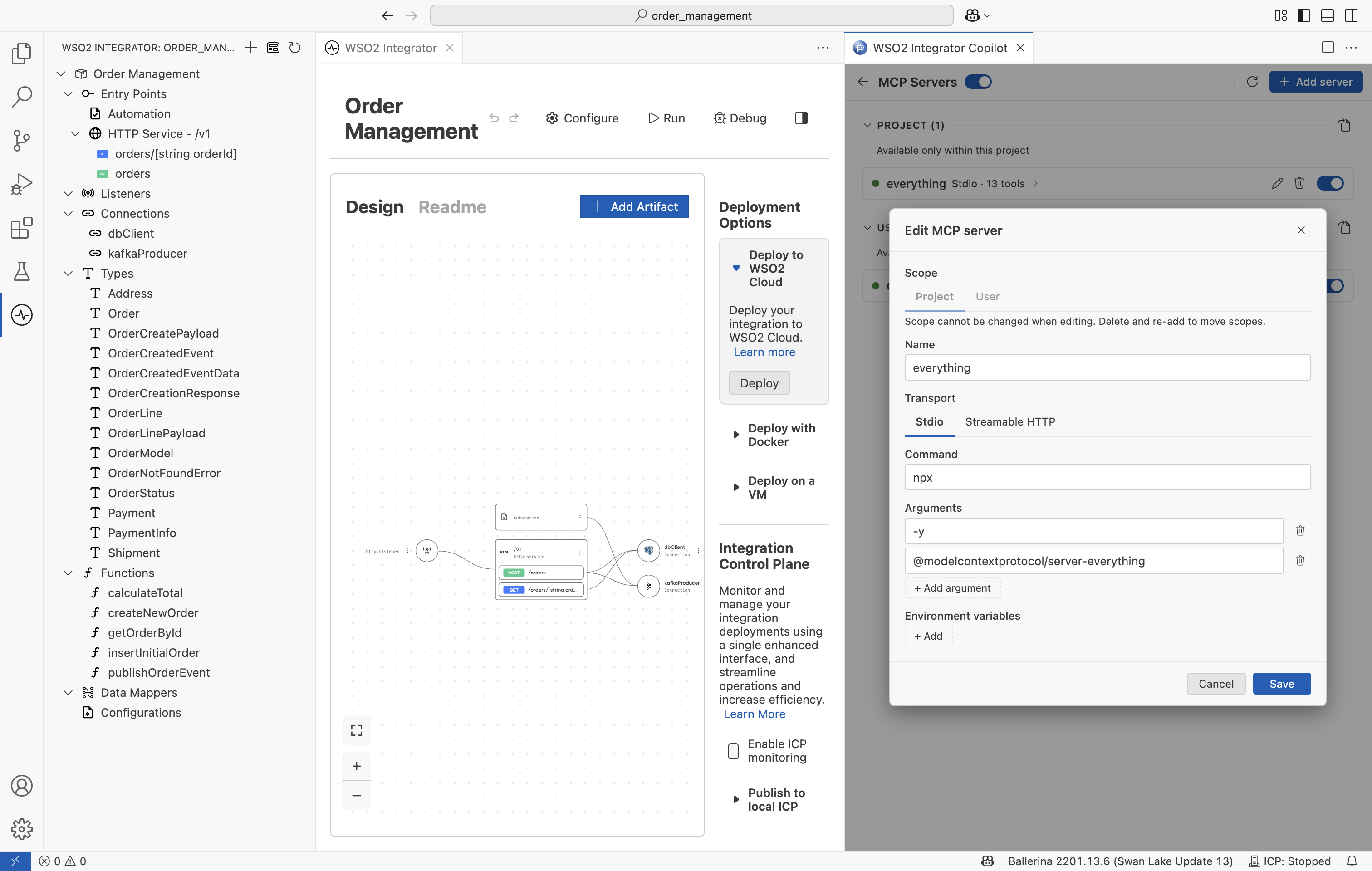 Edit MCP server form pre-filled with a stdio command and arguments.