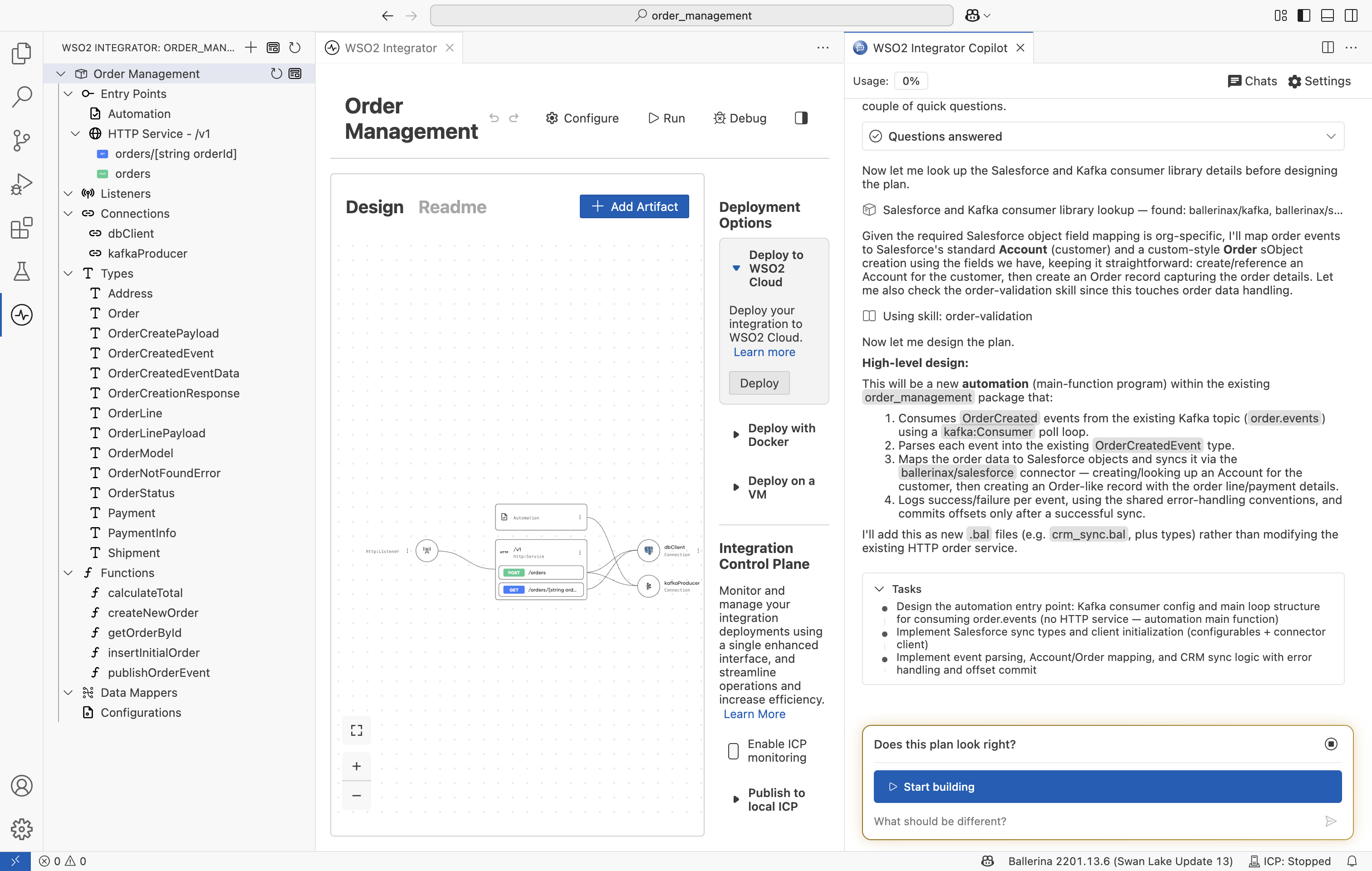 Plan mode showing a structured step-by-step breakdown of execution tasks.