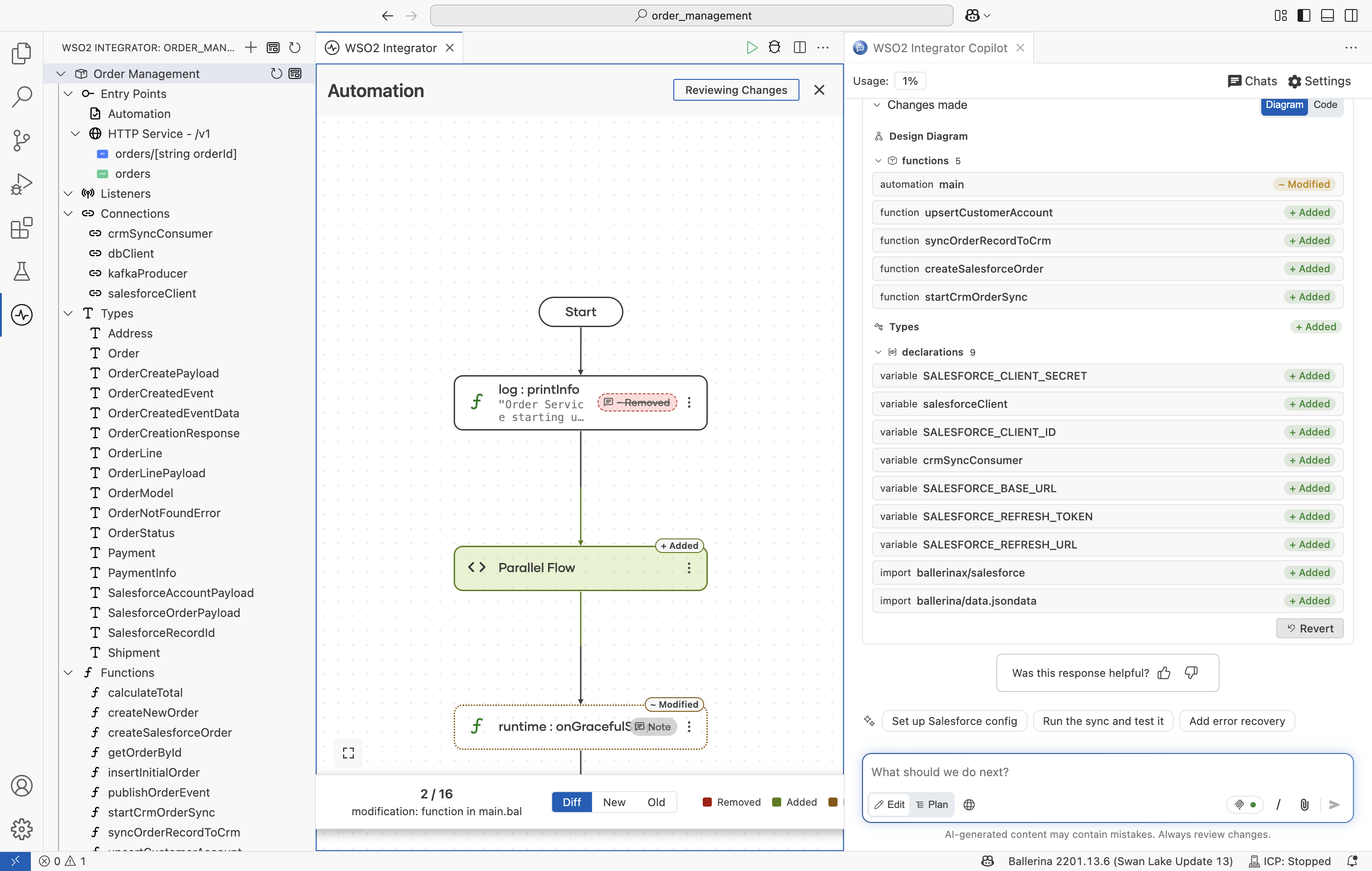 Review mode showing the generated integration diagram.
