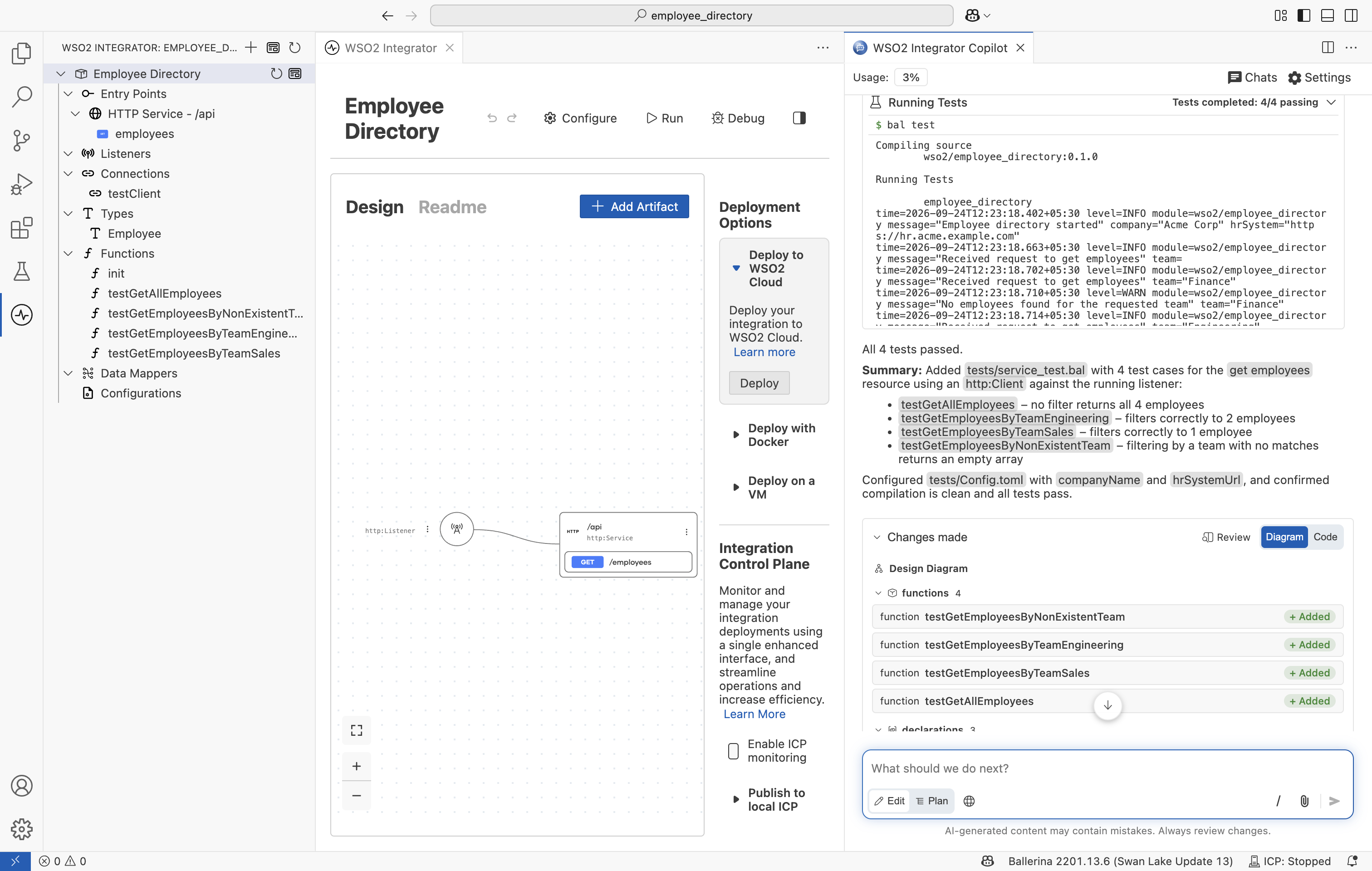 Test runner showing generated tests and results.