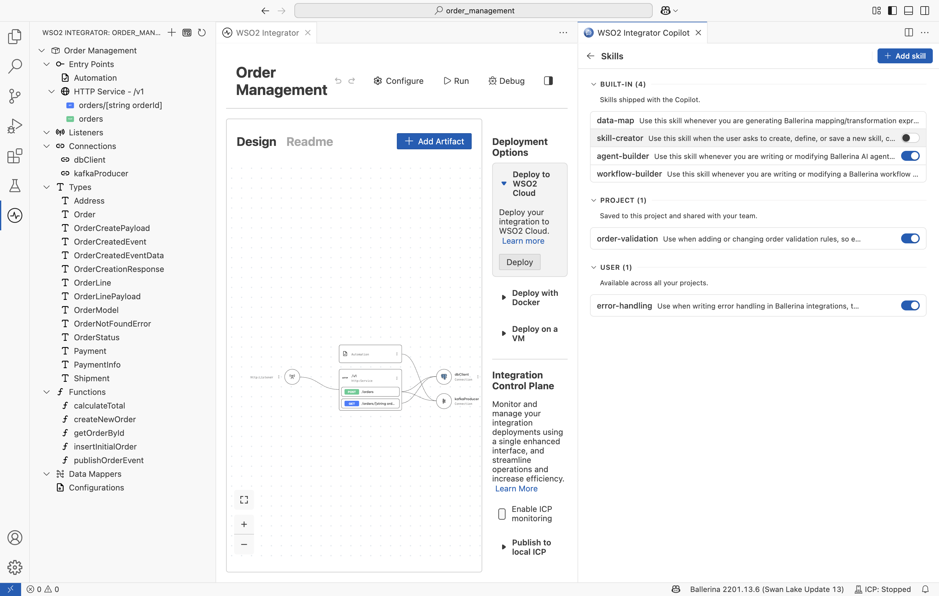 The Skills panel listing built-in, project, and user skills with enable toggles.