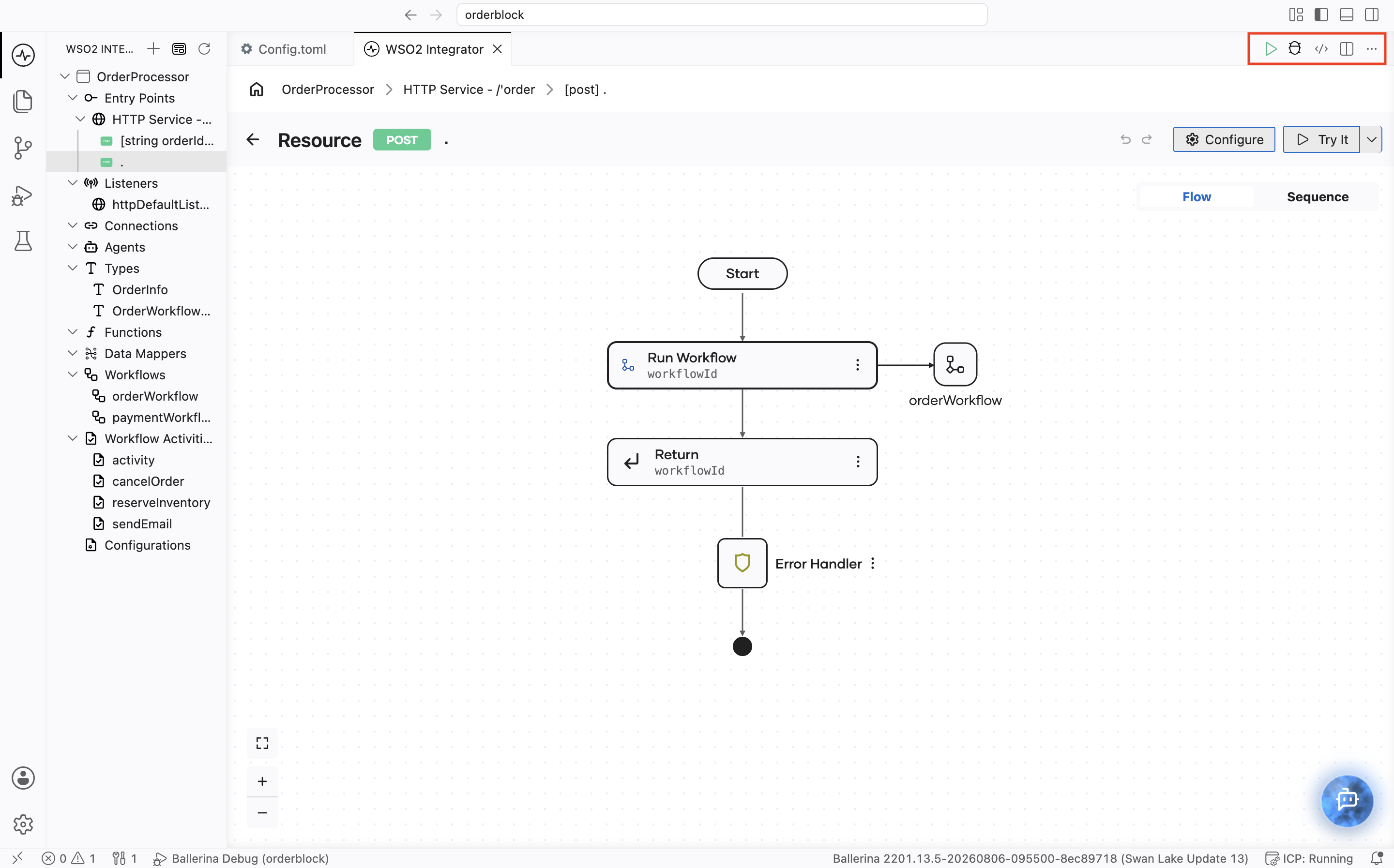 Editor toolbar with Run, Debug, Show Source, Split editor, and More actions highlighted